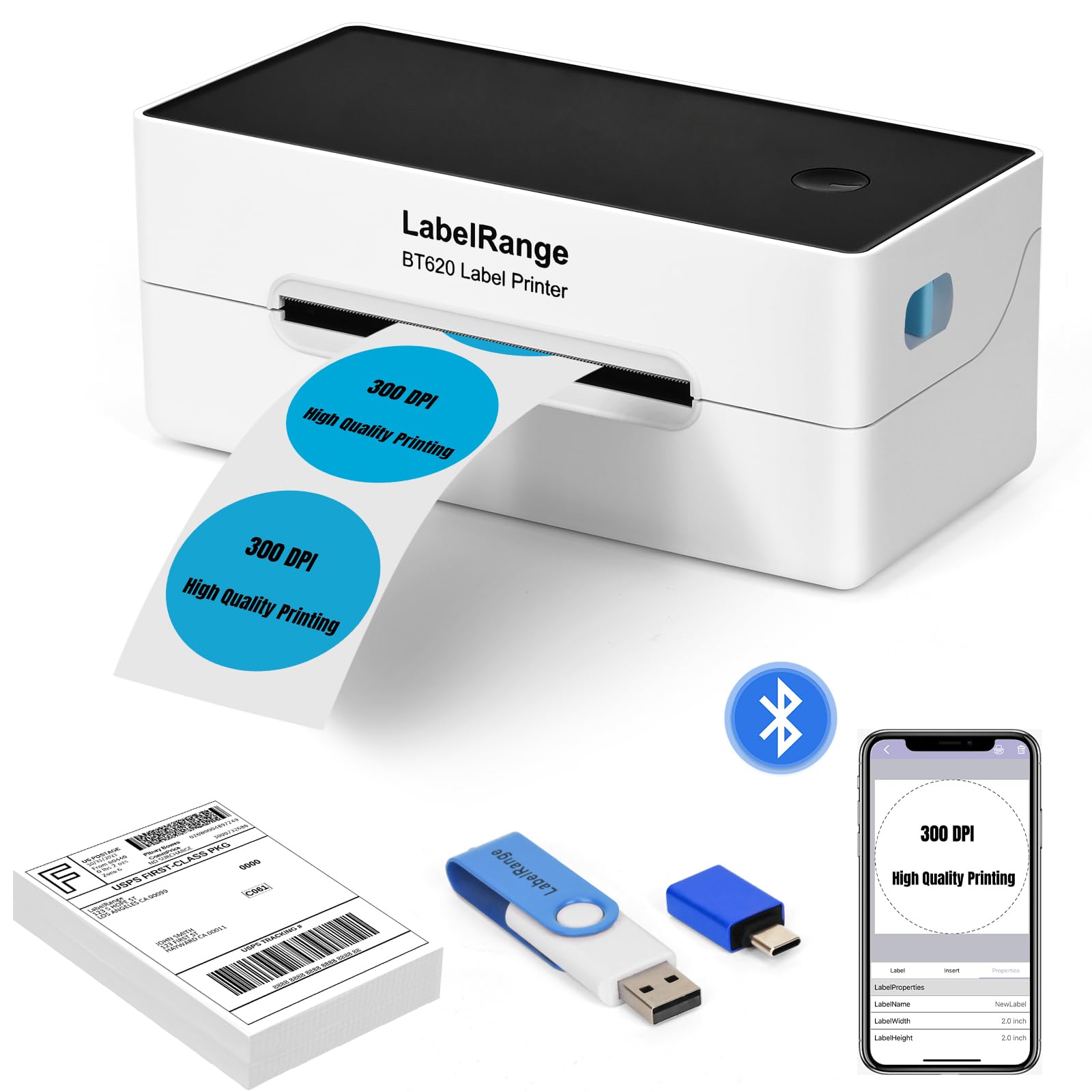 4x6 Thermal Shipping Label Printer - 300 DPI Bluetooth & USB Label Maker for Ecommerce | Compatible with USPS, Pirate Ship, Shippo, Amazon, eBay, Shopify | Works with iOS, Android, Windows | Perfect for Small Business Shipping & Online Store Fulfillment