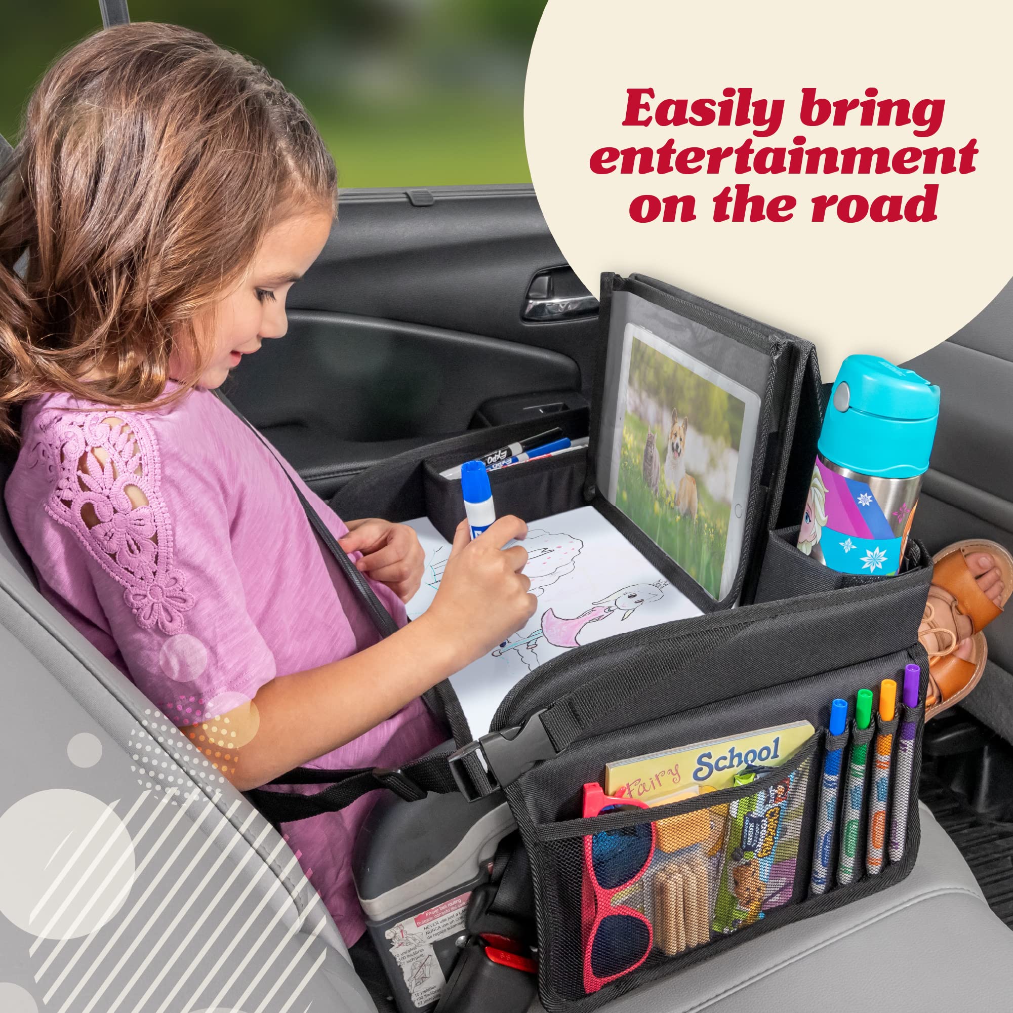 Lusso Gear Kids Travel Tray for Car - Portable Lap Desk for Toddlers & Children - Airplane & Road Trip Essentials with Activity Storage (Black) - Perfect for Long Car Rides, Plane Travel & Backseat Learning Activities