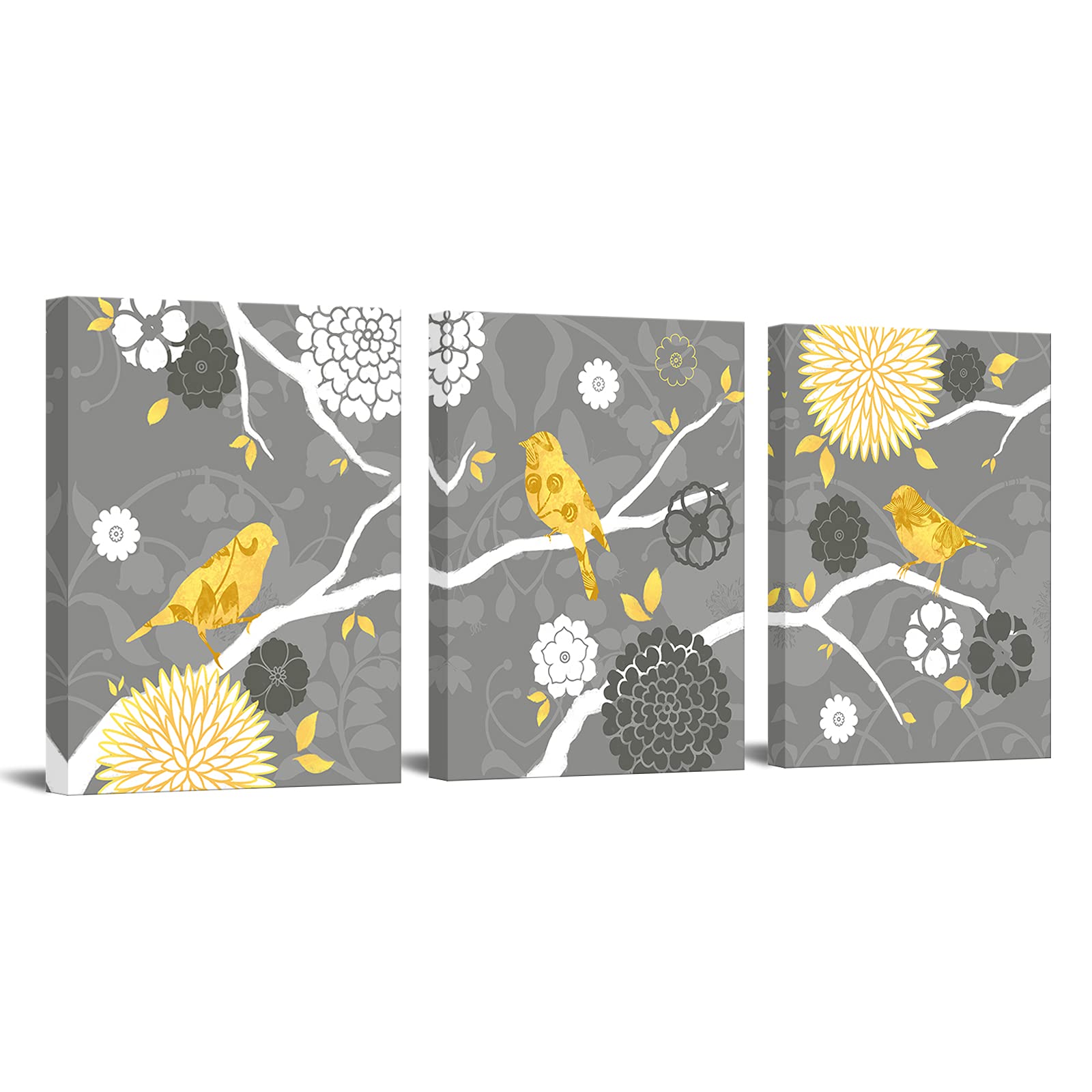 Yellow Birds Canvas Art - Yellow & Grey Wall Decor with Bird & Flower Painting - Framed Picture Artwork for Kitchen, Bedroom, Living Room | Perfect for Home Decor & Gift Giving