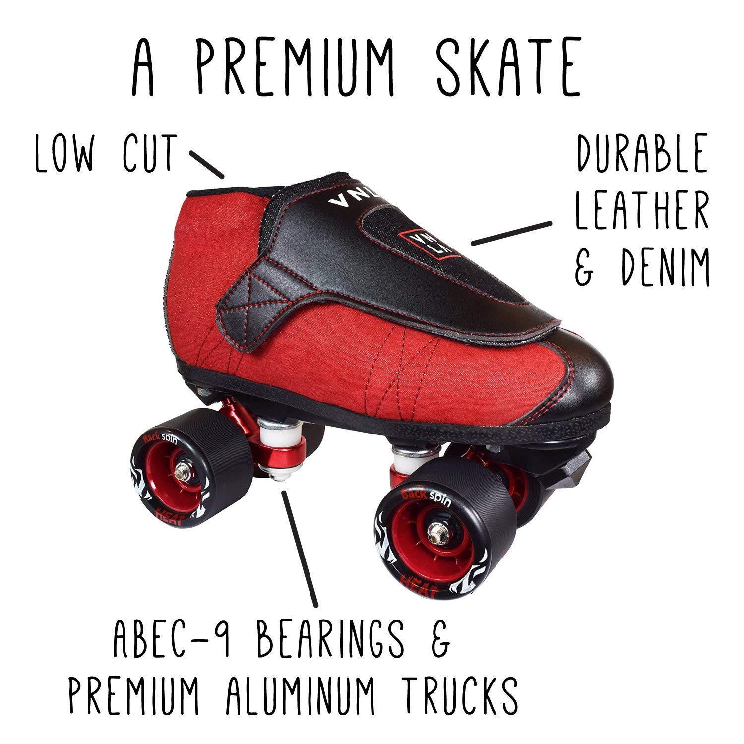 VNLA Junior Code Red Jam Skates for Men & Women - Unisex Indoor Roller Skates for Tricks, Jam Skating & Roller Derby - Red/Black Design for Rink, Park & Street Performance
