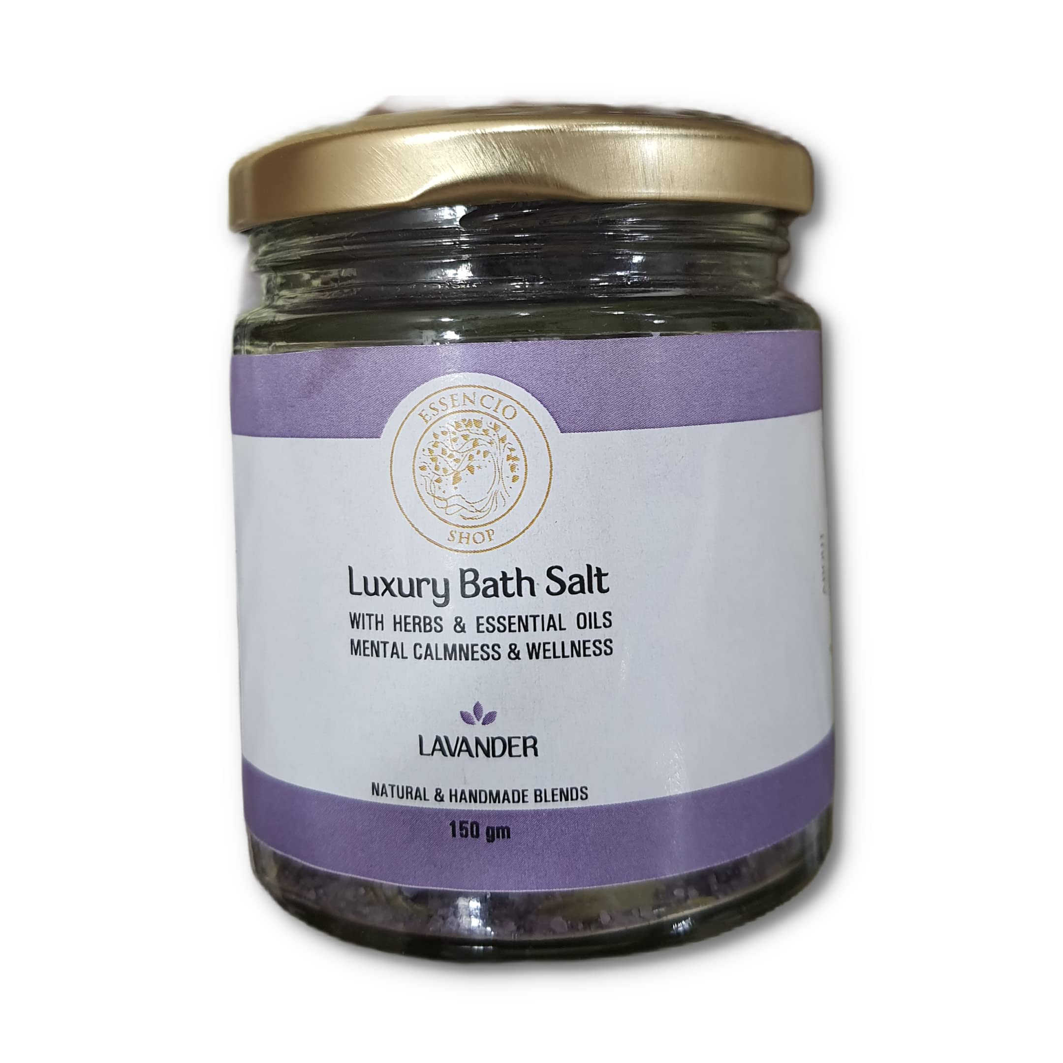 ESSENCIO SHOP Luxury Lavender Bath Salt for Relaxation & Self-Care - 200g with Essential Oils, Herbs & Vitamin E | Natural, No Colors or Preservatives | Freshly Made | Perfect for Spa Nights, Romantic Baths & Stress Relief