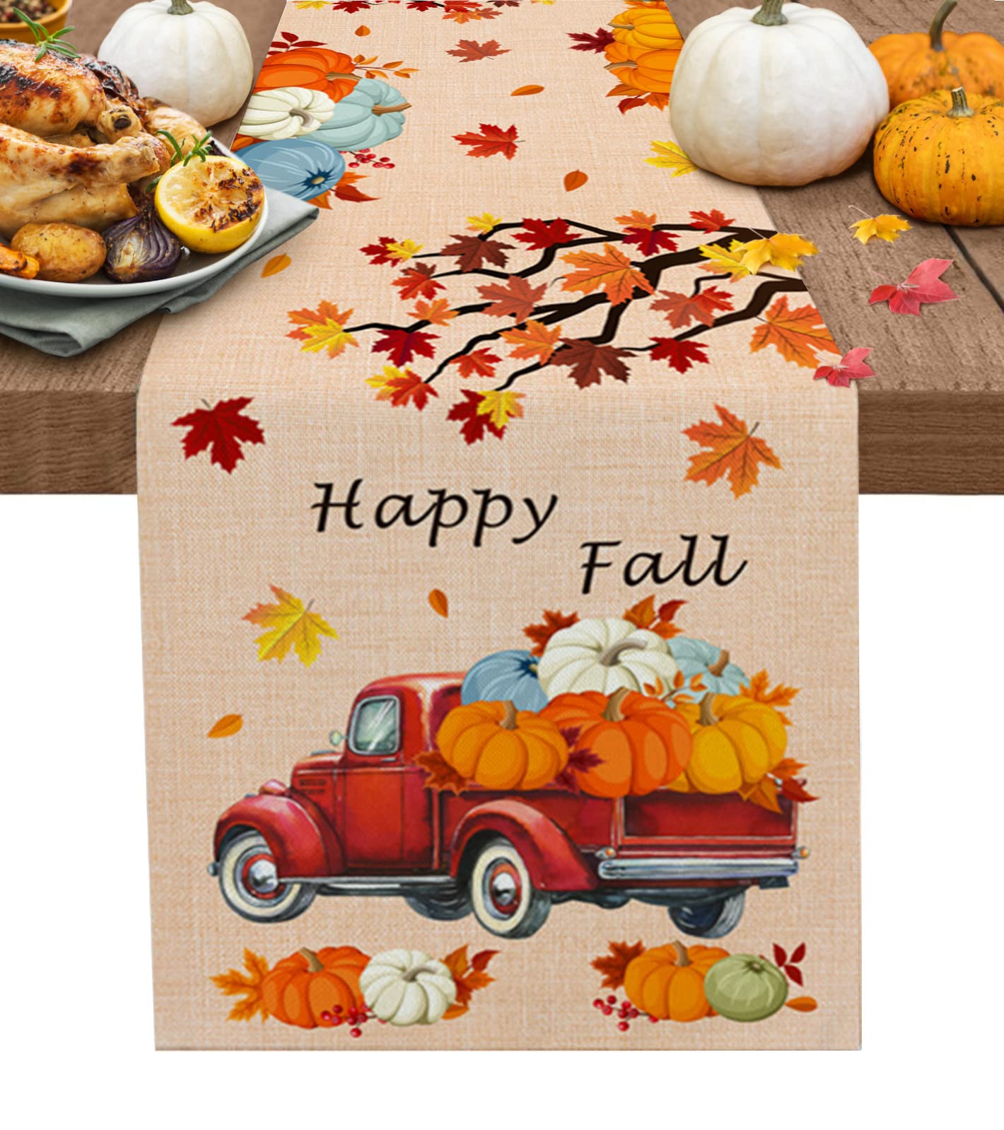 Thanksgiving Truck Fall Pumpkin Maple Leaves Table Runner - 13x90 Inches Long Washable Orange Autumn Decor for Round, Kitchen, Coffee, Dining & End Tables - Perfect for Thanksgiving, Fall Gatherings & Seasonal Home Decor
