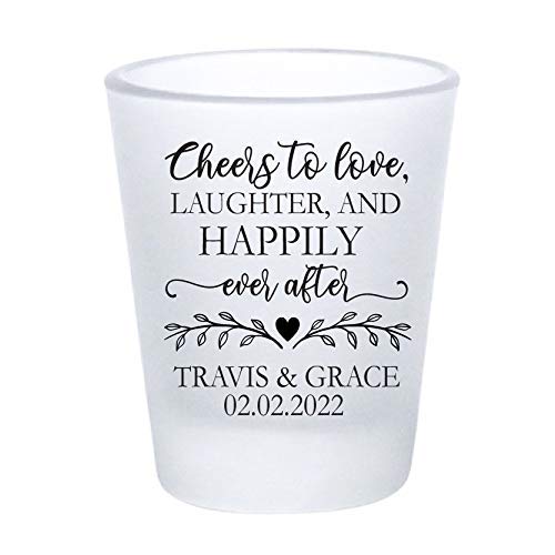 Personalized Wedding Favors Shot Glasses - Frosted Custom Bridal Party Gifts for Wedding Reception - Cheers to Love, Laughter & Happily Ever After - Perfect for Bridal Showers, Bachelorette Parties & Anniversary Celebrations