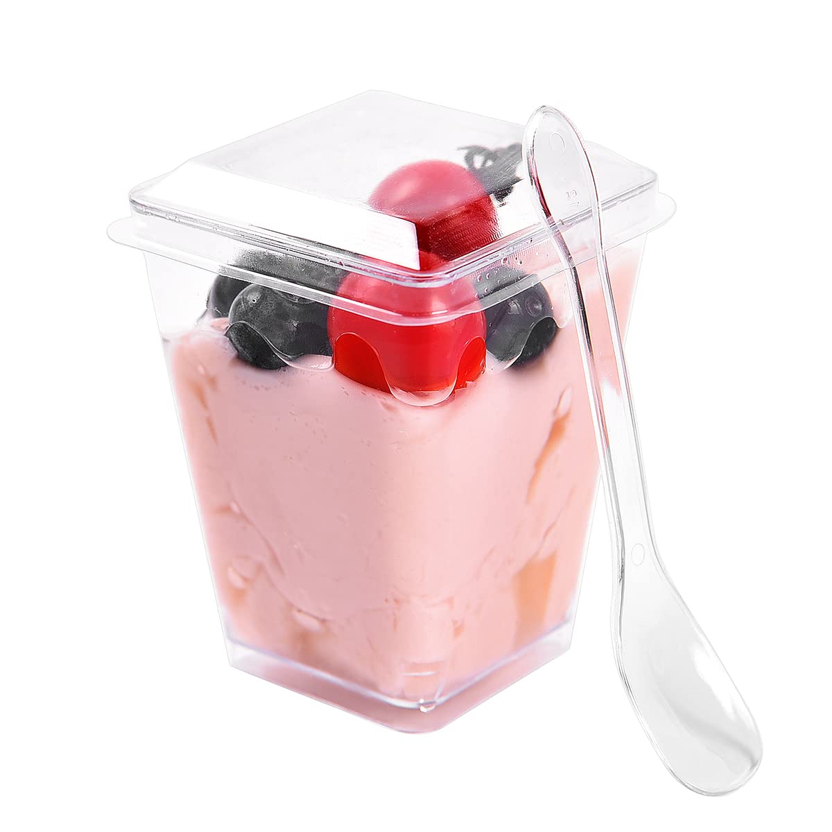 50 Pack 5oz Small Reusable Plastic Dessert Cups with Lids & Spoons - Clear Square Parfait Appetizer Containers for Fruit, Yogurt, Ice Cream - Perfect for Parties, Picnics, Catering & Home Entertaining