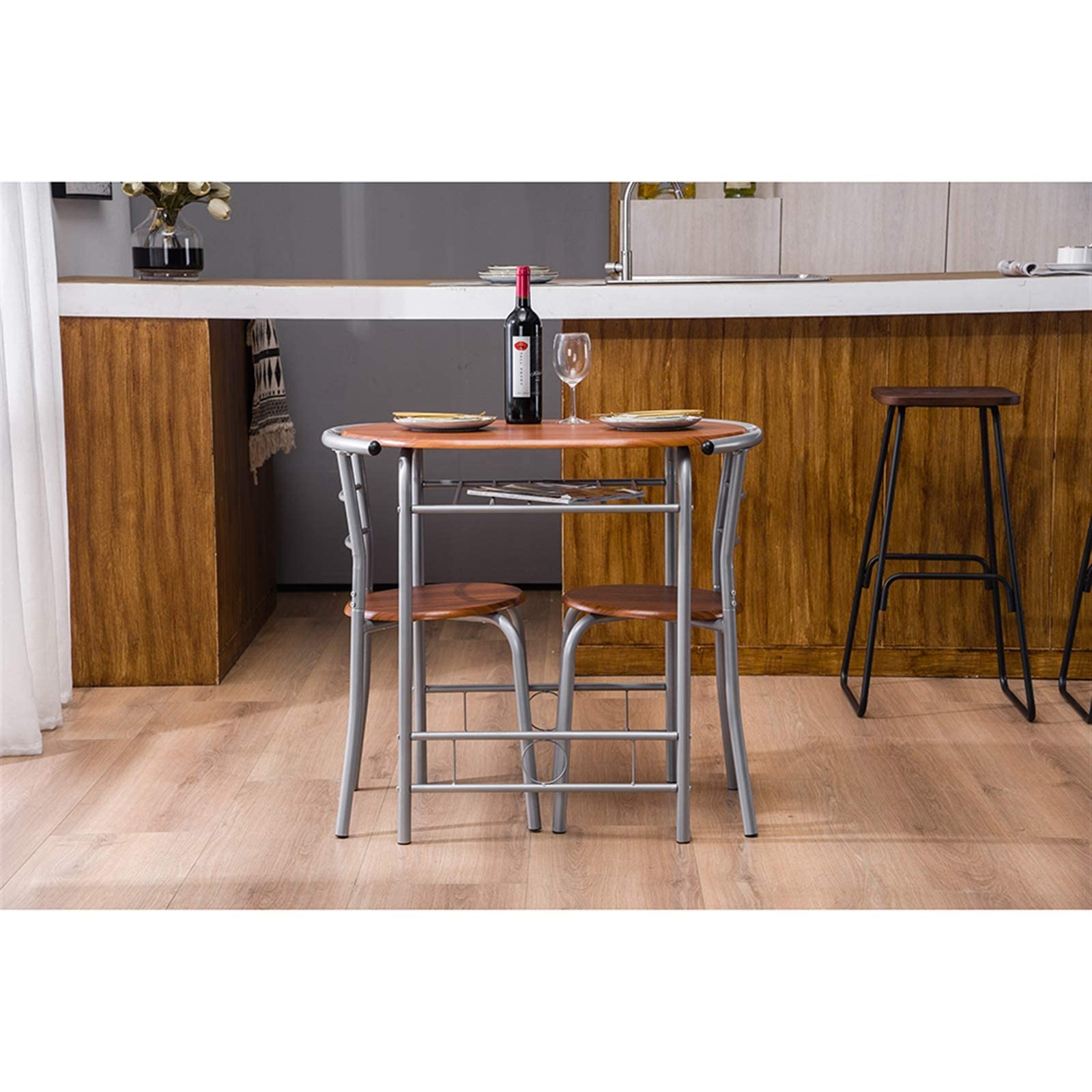 Compact 3-Piece Round Kitchen Table Set for 2 - Small Space Dining Table with 2 Chairs, Breakfast Nook Set with Wine Rack & Fruit Stand - Perfect for Apartments, Studios & Cozy Kitchens (Brown Wood)
