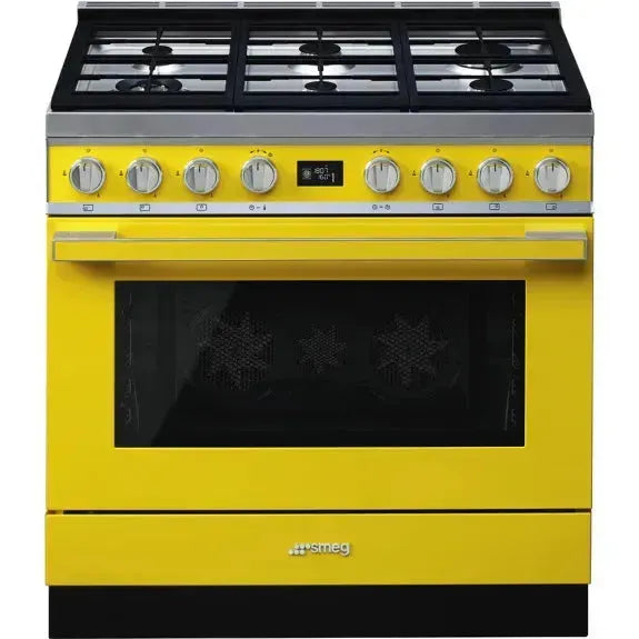 Smeg 90cm Portofino Dual Fuel Pyrolytic Oven Cooker in Sunshine Yellow - Perfect for Modern Kitchens & Home Cooking Enthusiasts