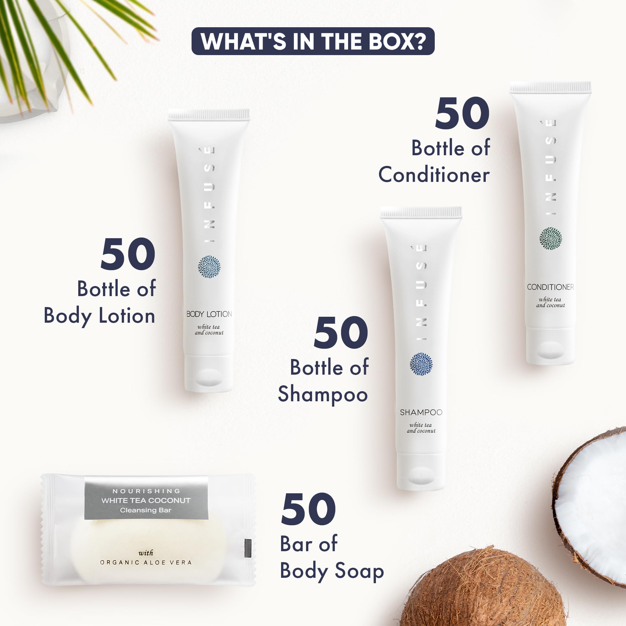Infuse Soaps & Toiletries Bulk Set - 200 Pieces Travel Size Amenities Kit with 1 oz Shampoo, Conditioner, Lotion & 40g Bar Soap | Perfect for Hotels, Vacation Rentals, Spas & Guest Bathrooms | Eco-Friendly Hospitality Essentials