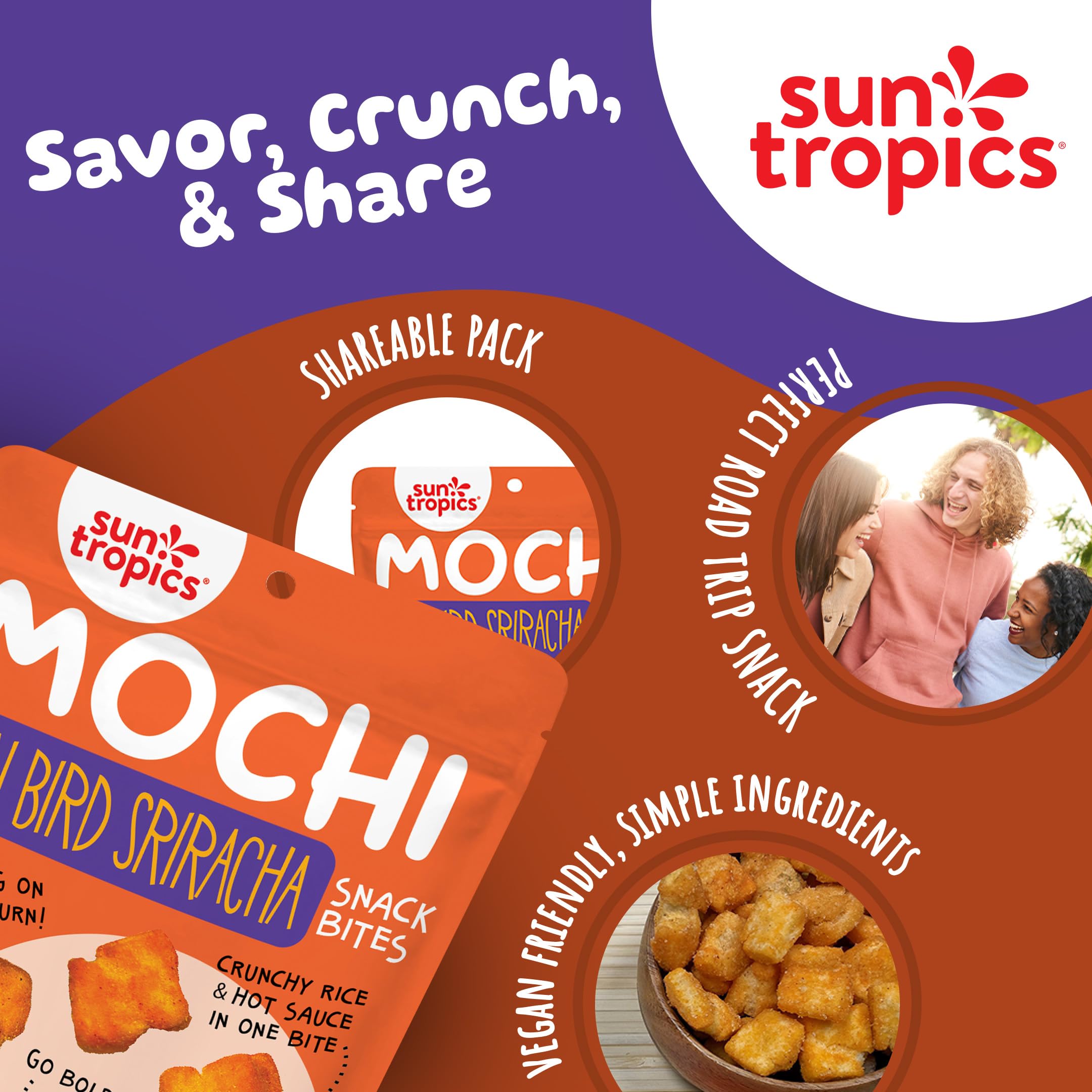 **Sun Tropics Mochi Snack Bites - Thai Bird Sriracha Flavor, 3.5 oz (6 Pack) | Gluten-Free, Dairy-Free, No MSG Added | Crispy Spicy Rice Nuggets, Asian Puff Rice Crackers | Perfect for On-the-Go Snacking, Lunchboxes & Party Platters**