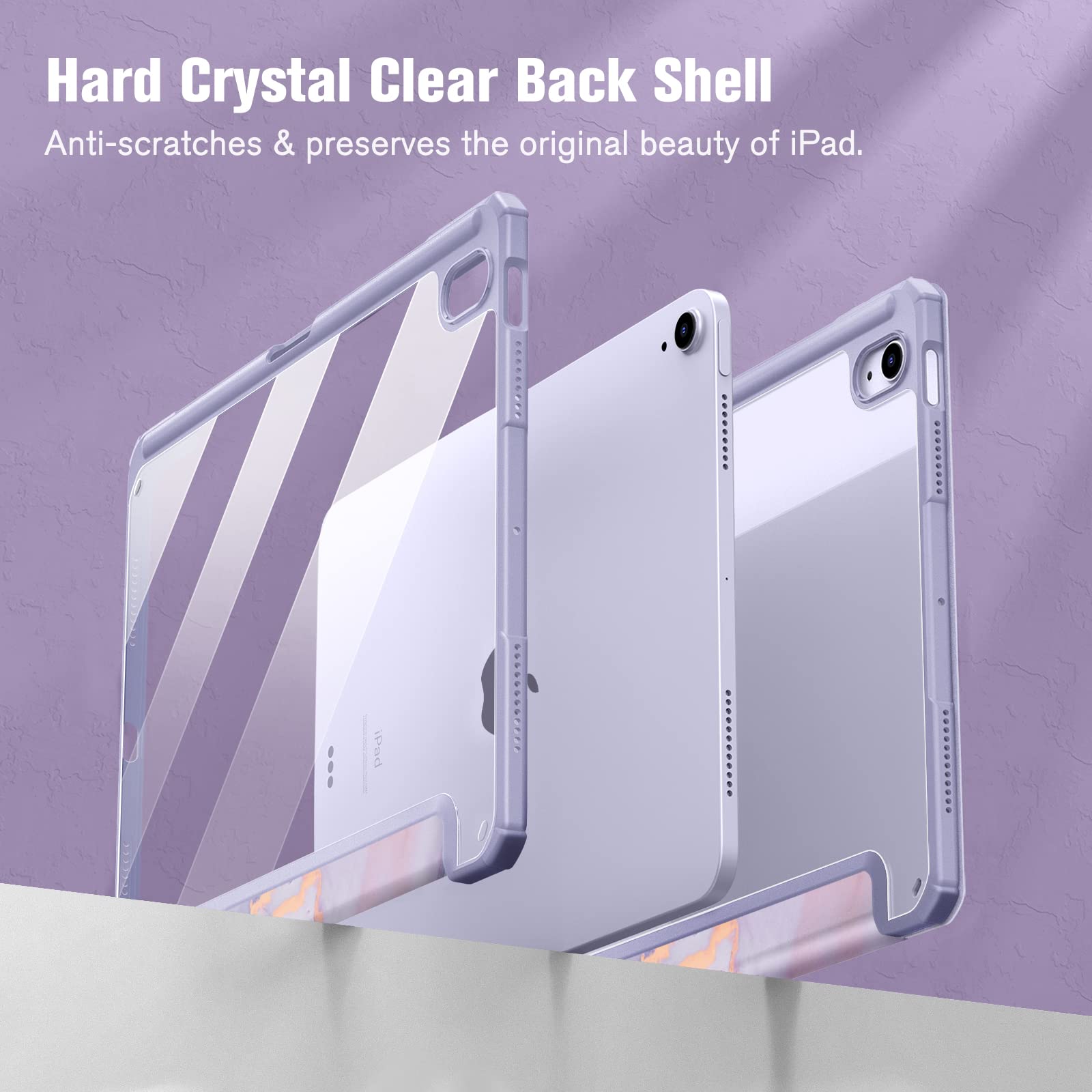 Fintie Hybrid Slim Shockproof Case for iPad Air 11-inch (M3/M2) & 10.9-inch (5th/4th Gen) - Clear Back Shell with Pencil Holder, Lilac Marble Design - Perfect for Work, School & Travel Protection