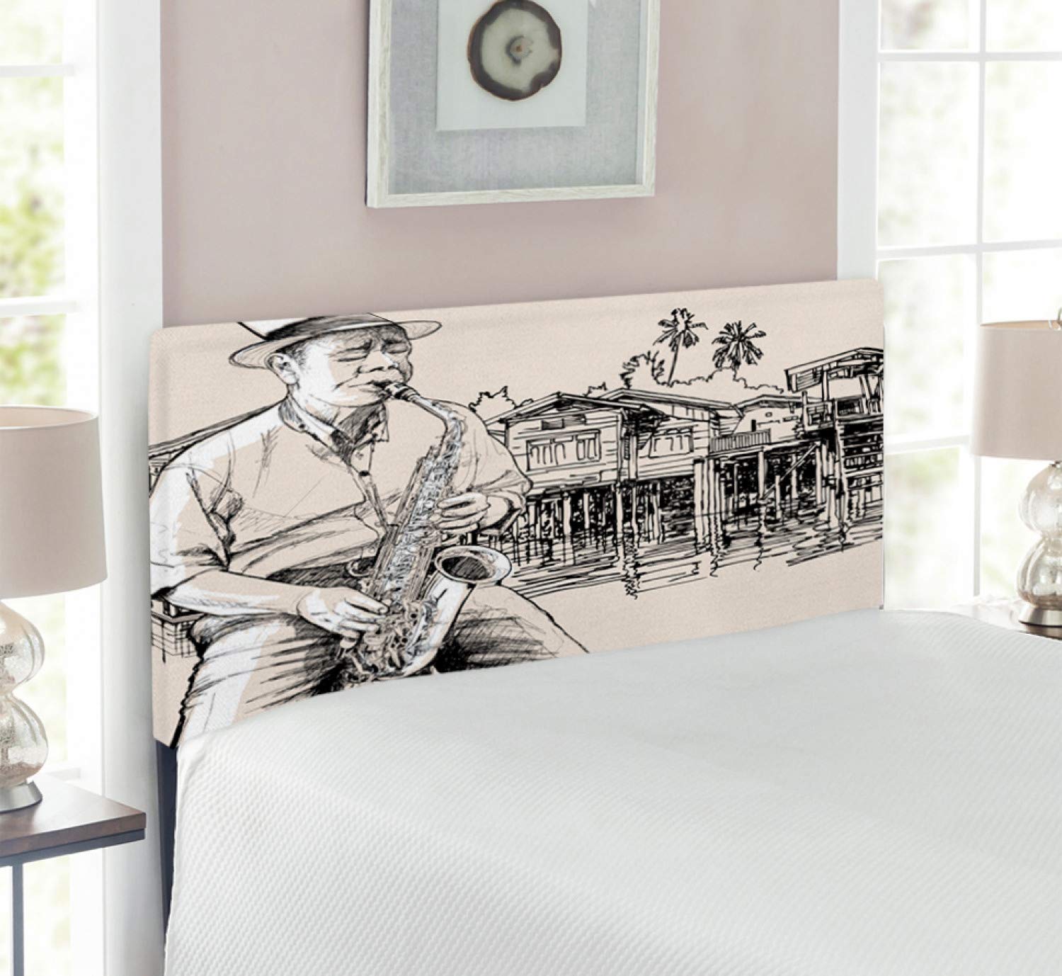Ambesonne Jazz Music Upholstered Headboard - Saxophonist Art with River Bank Palm Trees & Bungalow Reflection - Decorative Metal Bed Headboard with Memory Foam - Twin Size Beige & Black - Perfect for Jazz Lovers' Bedroom & Music Themed Decor