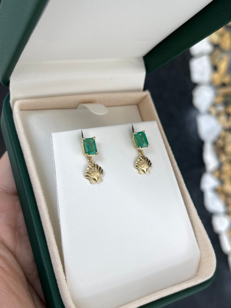 14K Gold Emerald & Gold Ocean Sea Shell Dangle Stud Earrings - 1.90tcw Elegant Jewelry for Women, Beach Wedding, Party & Gift Giving