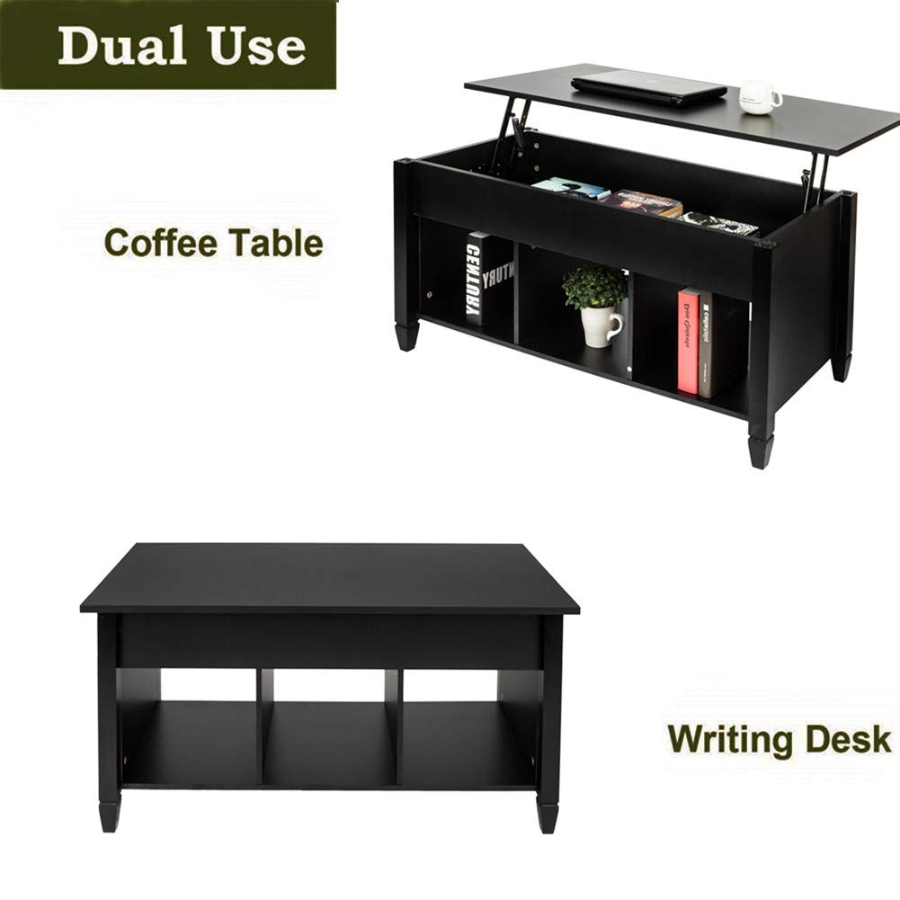 Modern Lift Top Coffee Table with Hidden Storage - Solid Wood Lift-Top Design for Living Room, Home Office & Dining - Black Lift-Top Table with Compartment for Remote, Books & Essentials