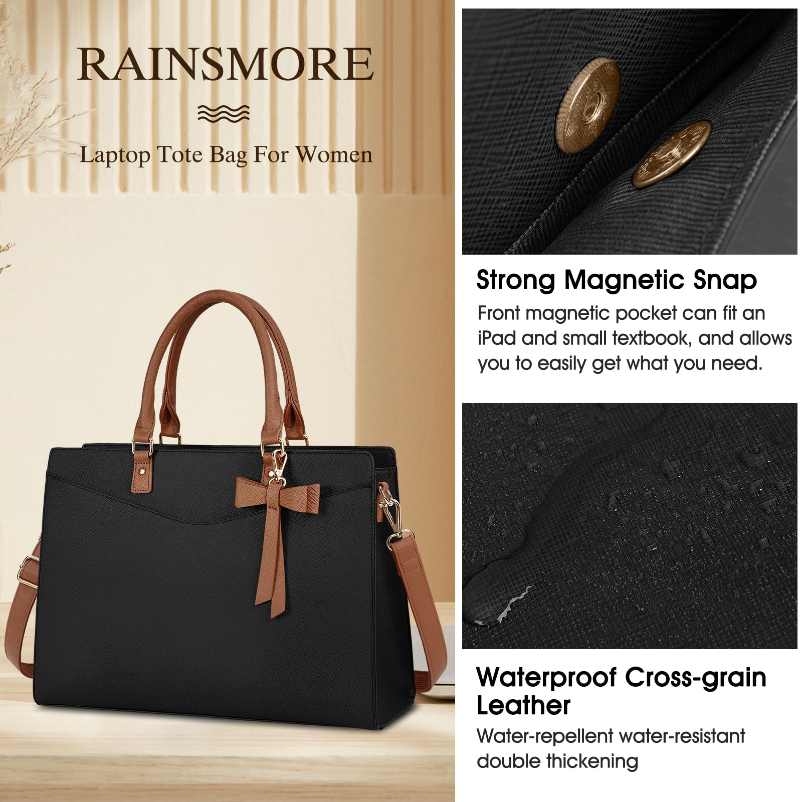 RAINSMORE 15.6 Inch PU Leather Laptop Tote Bag for Women - Professional Waterproof Business Office Briefcase, Lightweight Work Bag with Shoulder Strap for Commuting and Travel