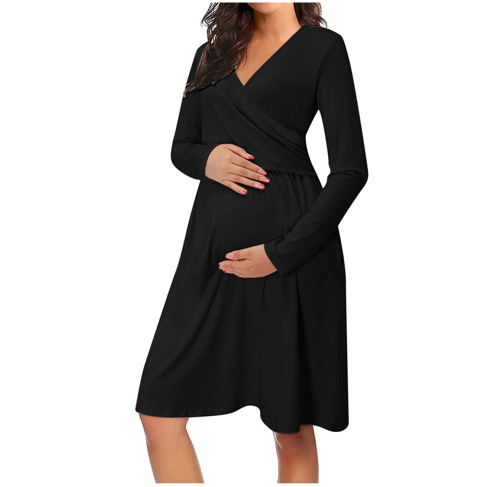 **Maternity Nursing Dress for Women - Long Sleeve V-Neck Midi Dress, Breastfeeding & Pregnancy Comfort, Casual Solid Dress for Nursing Moms | Perfect for Work, Outings & Everyday Wear**