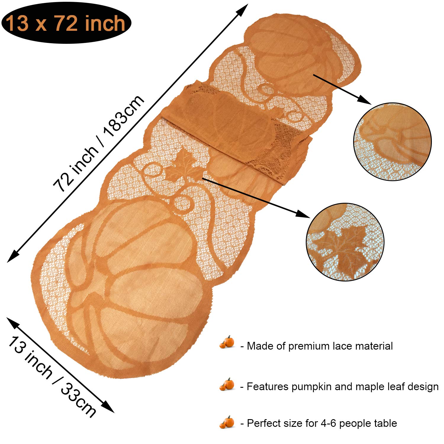 72 Inch Orange Lace Pumpkin Table Runner for Fall & Thanksgiving Decor - Perfect for Dining Table, Buffet, and Holiday Centerpiece Decorations