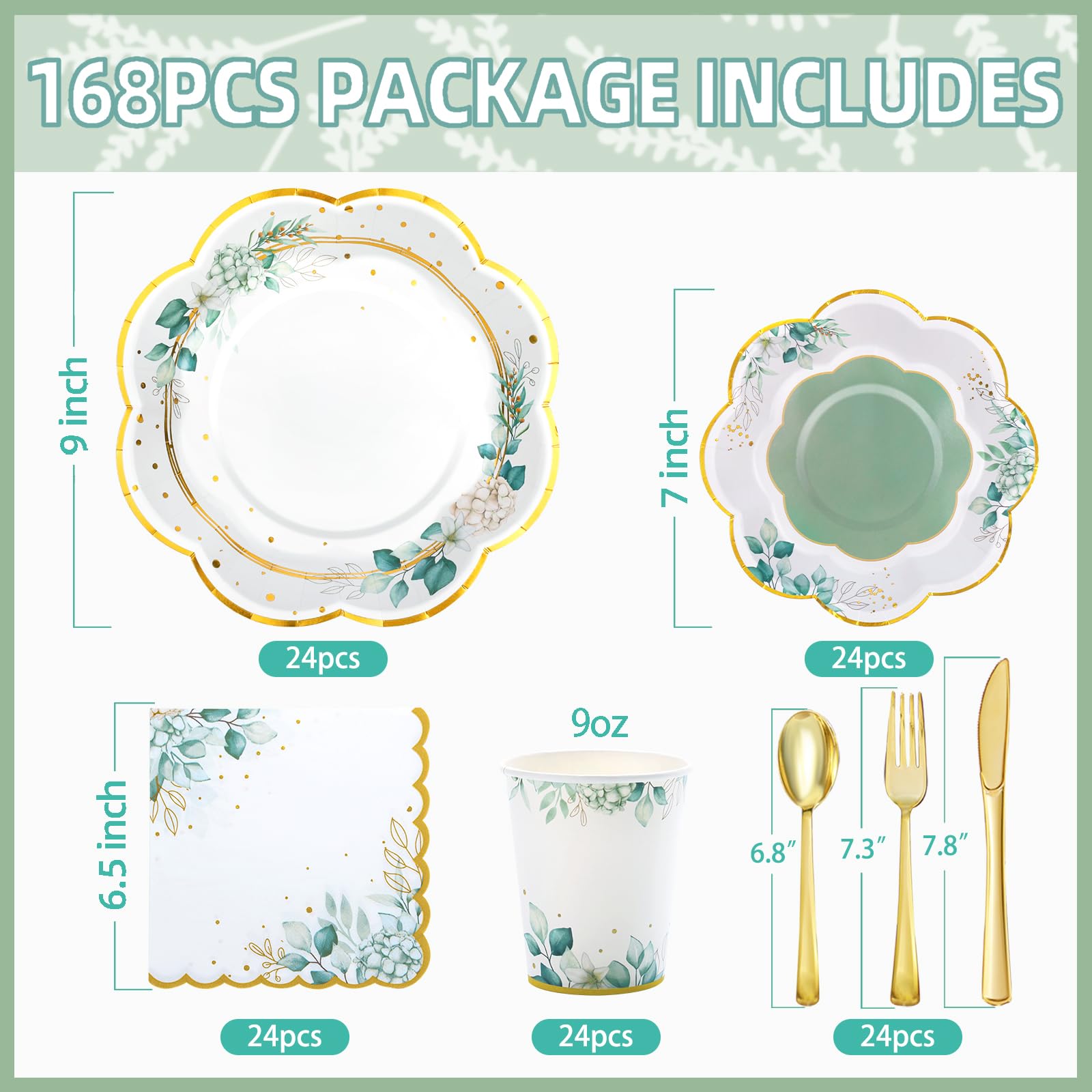 Sage Green Party Plates & Napkins Set - 24 Count Eco-Friendly Disposable Tableware for Birthday, Baby Shower, Bridal Shower, Wedding & Baptism - Elegant Garden Party Decorations & Dinnerware Supplies