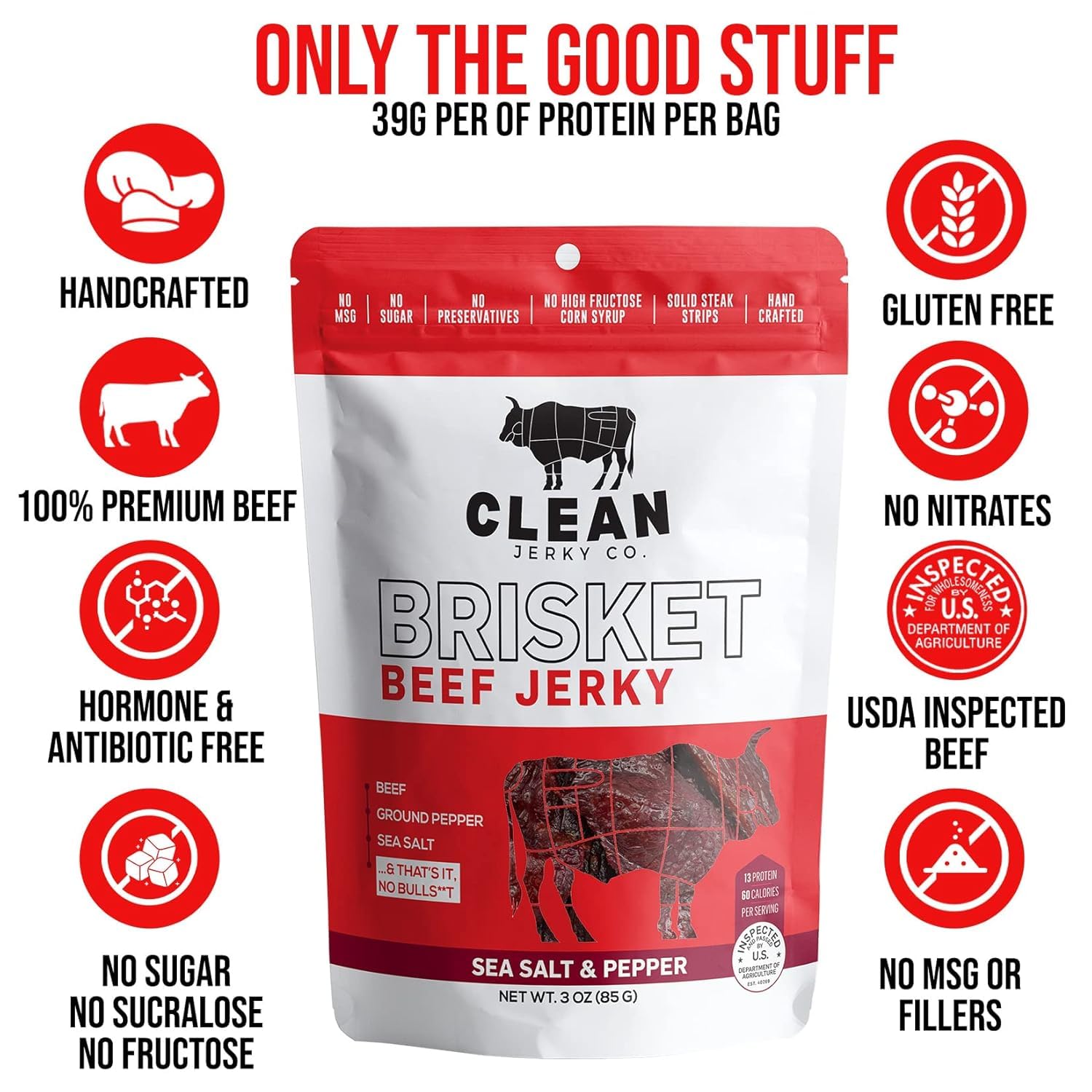 Clean Jerky Co. Old Fashioned Dry Zero Sugar Beef Jerky | Salt & Pepper Flavor | High Protein Healthy Snacks for Adults & Keto Diet | 100% Premium Beef | No MSG, No Sugar, No Nitrates | Perfect for Hiking, Camping & Road Trips