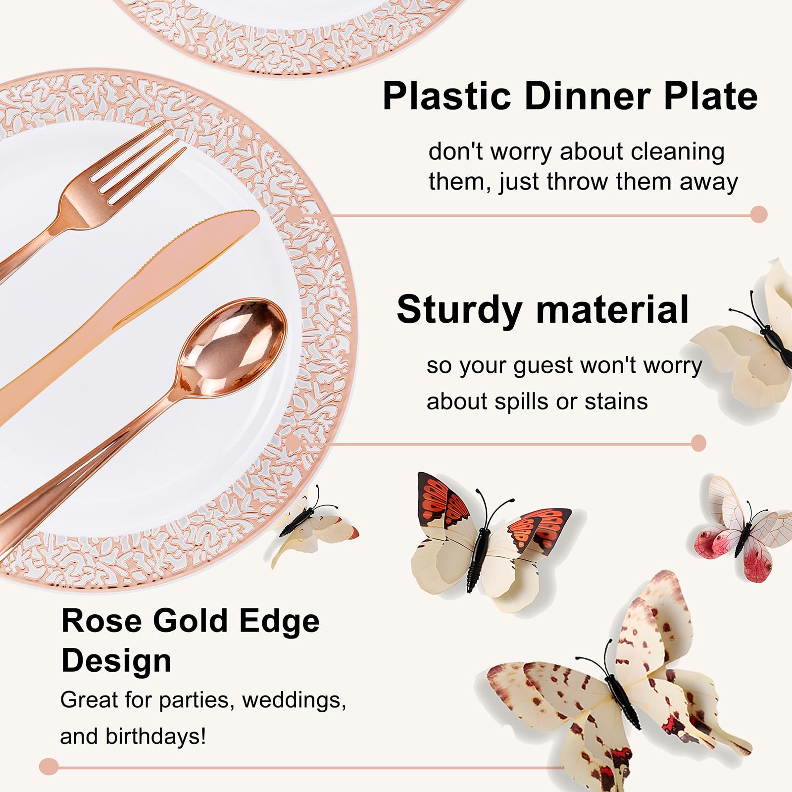 WELLIFE 350-Piece Rose Gold Plastic Dinnerware Set - Disposable Rose Gold Lace Plates, Cups, Silverware & Napkins for Wedding, Bridal Shower, Birthday Party & Elegant Events (50 Dinner Plates, 50 Dessert Plates, 50 Cups, 50 Pre-Rolled Napkins with Silverware) - Perfect for Home Celebrations, Catering & Special Occasions
