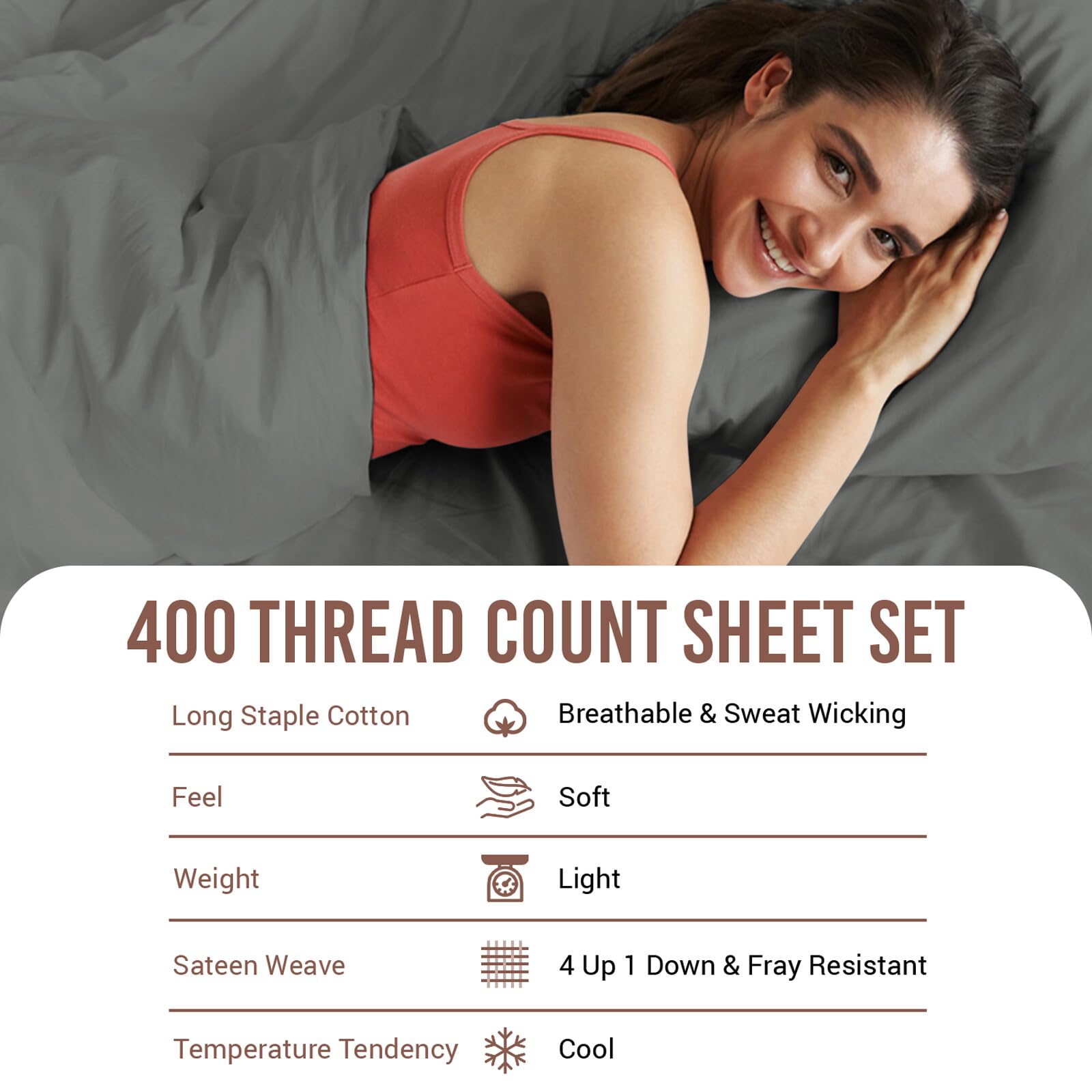 Luxury 100% Long Staple Cotton Sheets Split King Size - 400 Thread Count Sateen Weave with 15