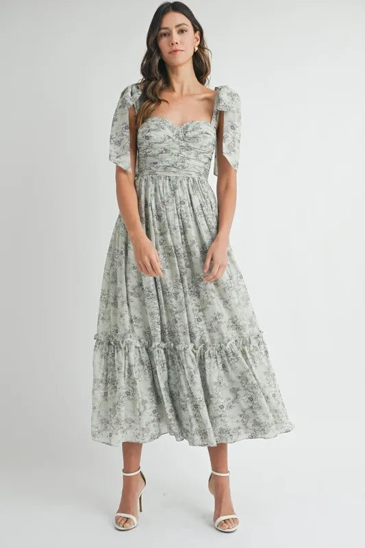 Floral Bust Ruched Midi Summer Dress with Shoulder Tie - Women's Elegant Party & Beach Vacation Outfit