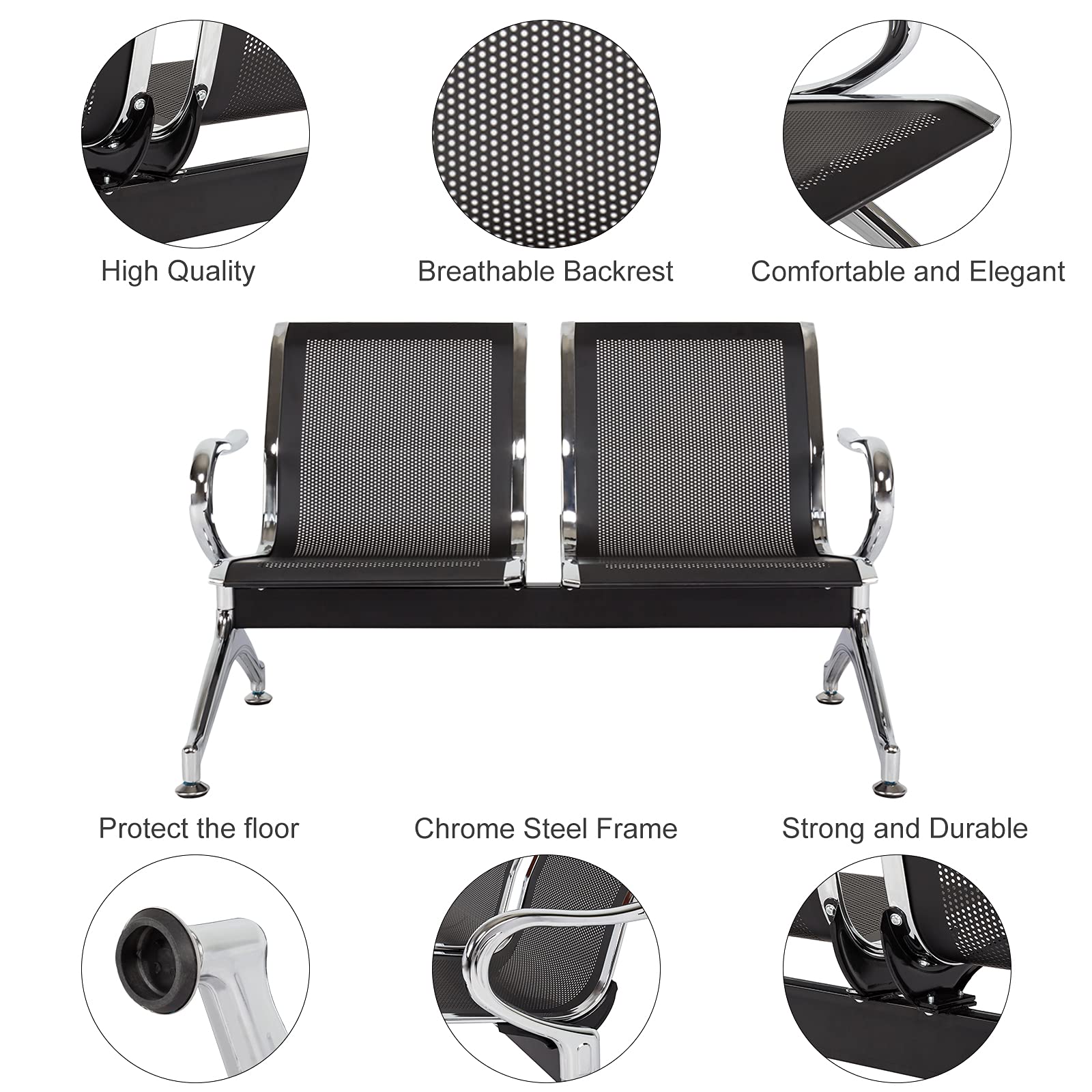 Kinfant 2-Seat Black Mesh Waiting Room Chair Bench - Comfortable Guest Reception Chairs for Airport, Hospital, Bank, Salon, Barber Shop, Conference Hall - Perfect for Lobbies, Waiting Areas & Public Spaces