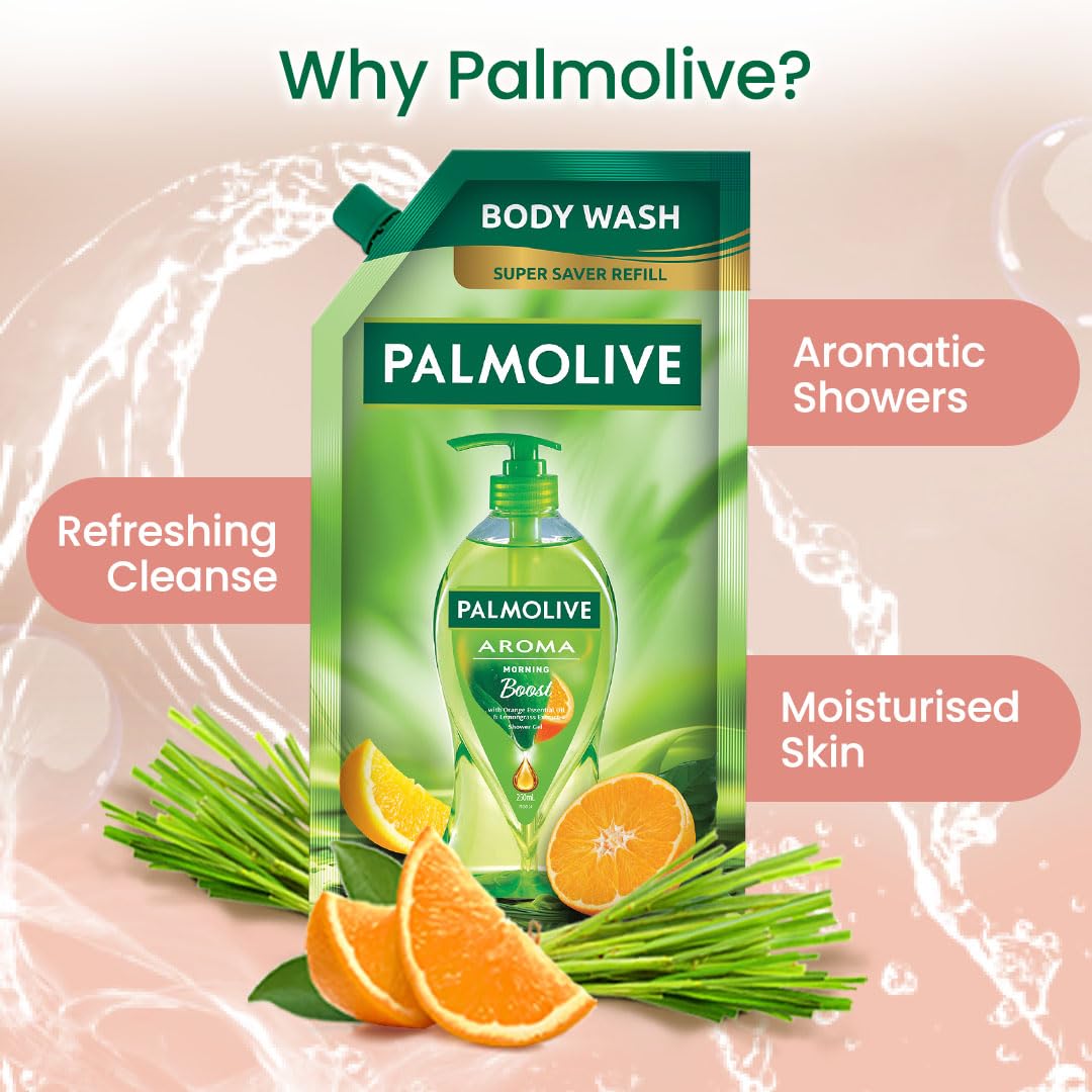 Palmolive Aroma Morning Boost Body Wash for Women & Men - 750ml Shower Gel Refill Pack with 100% Natural Citrus Essential Oil & Lemongrass Extracts | pH Balanced, Paraben & Silicone Free | Energizing Morning Shower for Soft, Smooth Skin | Perfect for Daily Use at Home, Gym, or Travel