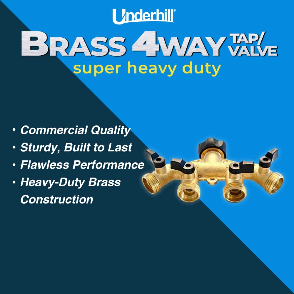 Underhill 4-Way Heavy-Duty Brass Hose Splitter Adapter with Shut Off Valve - 3/4 Inch Garden Water Hose Connector - Perfect for Lawn Irrigation, Car Washing & Outdoor Cleaning