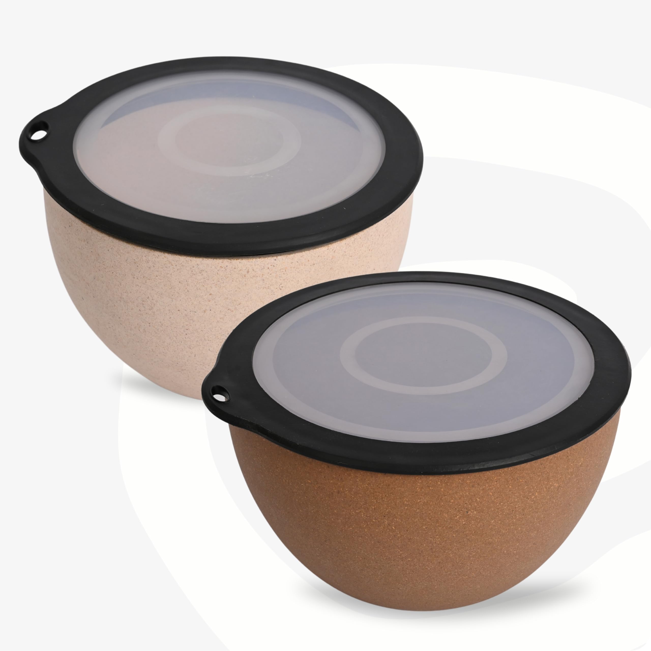 Eco-Friendly Mixing Bowls with Lids - Microwave Safe Rice Husk & Bamboo Fiber Storage Bowls (1600ml, Set of 2, Brown) - Perfect for Meal Prep, Baking & Food Storage