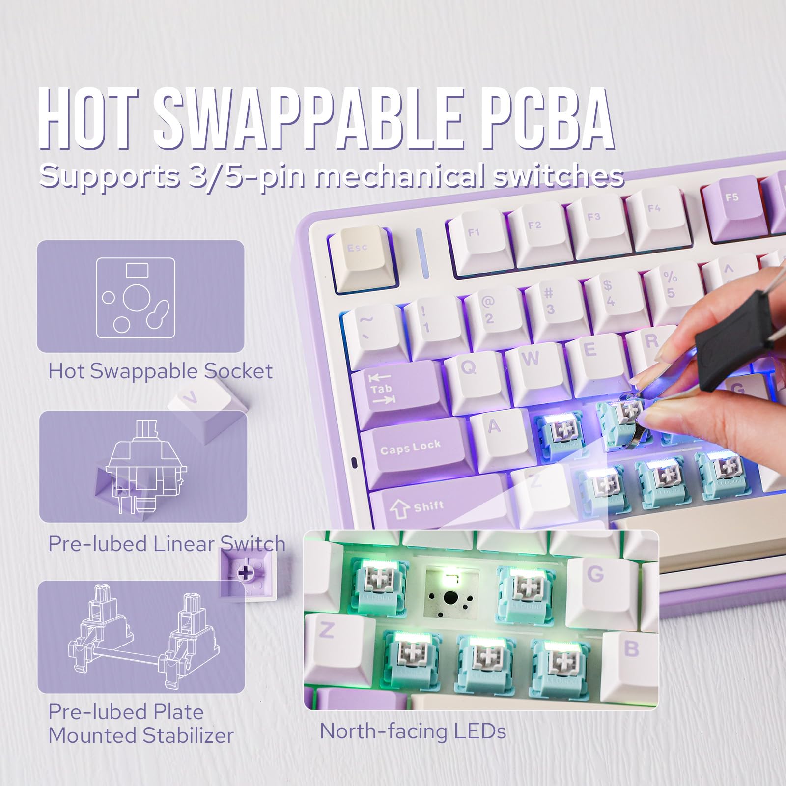 EPOMAKER x Aula F75 75% Wireless Mechanical Keyboard - Hot Swappable Gaming Keyboard with 5-Layer Padding & Knob, Bluetooth/2.4GHz/USB-C, RGB Backlit (Purple, LEOBOG Reaper Switch) - Perfect for PC Gaming, Office Work & Typing Enthusiasts