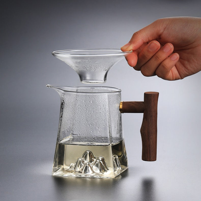 Premium Mountain Glass Fair Cup with Wooden Handle - Durable & Stylish Drinking Glass for Coffee, Tea, Cocktails - Perfect for Home, Office, Camping & Outdoor Use