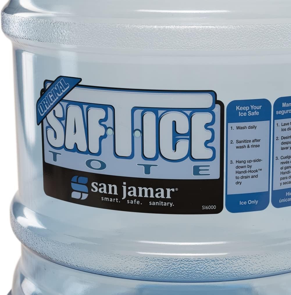 San Jamar Saf-T-Ice 6 Gallon Blue Polycarbonate Ice Tote with Ice Machine Hanger - Durable Commercial Ice Bin for Bars, Restaurants, Kitchens & Fast Food - Perfect for Beverage Service, Food Prep & Outdoor Events (Pack of 2)