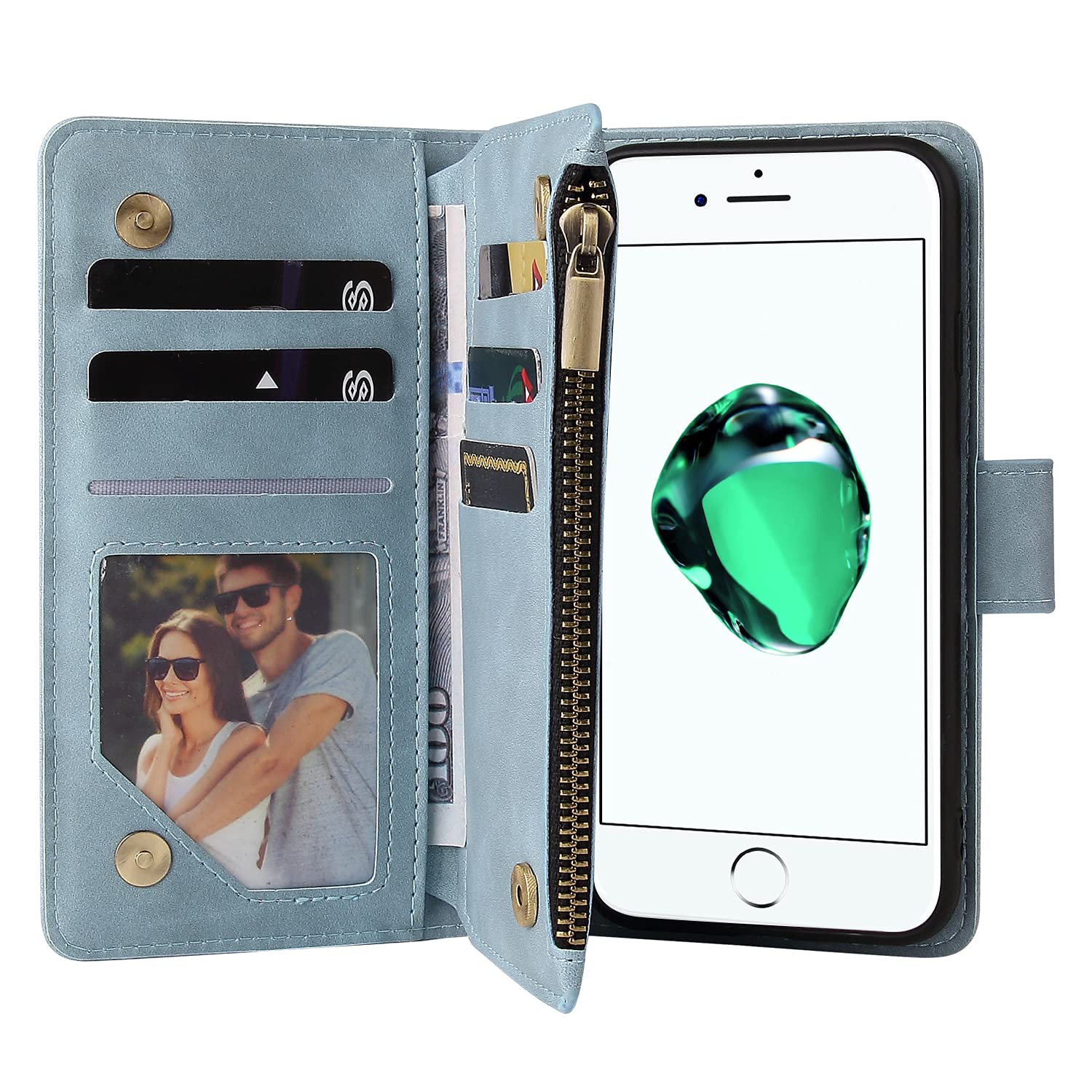 Premium PU Leather Magnetic Wallet Case for iPhone SE 2022/SE 2020/SE3/SE2/7/8 - Zipper Handbag Cover with Kickstand & Card Slots | Perfect for Work, Travel & Everyday Use (Sky Blue)