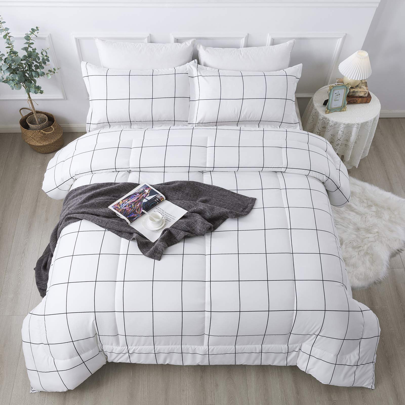 Andency White Grid Comforter Set Twin Size (66x90 Inch) - 2 Piece Lightweight Microfiber Bedding Set with Plaid Design & Pillowcase | Perfect for Dorm Rooms, Guest Beds & Cozy Bedroom Decor