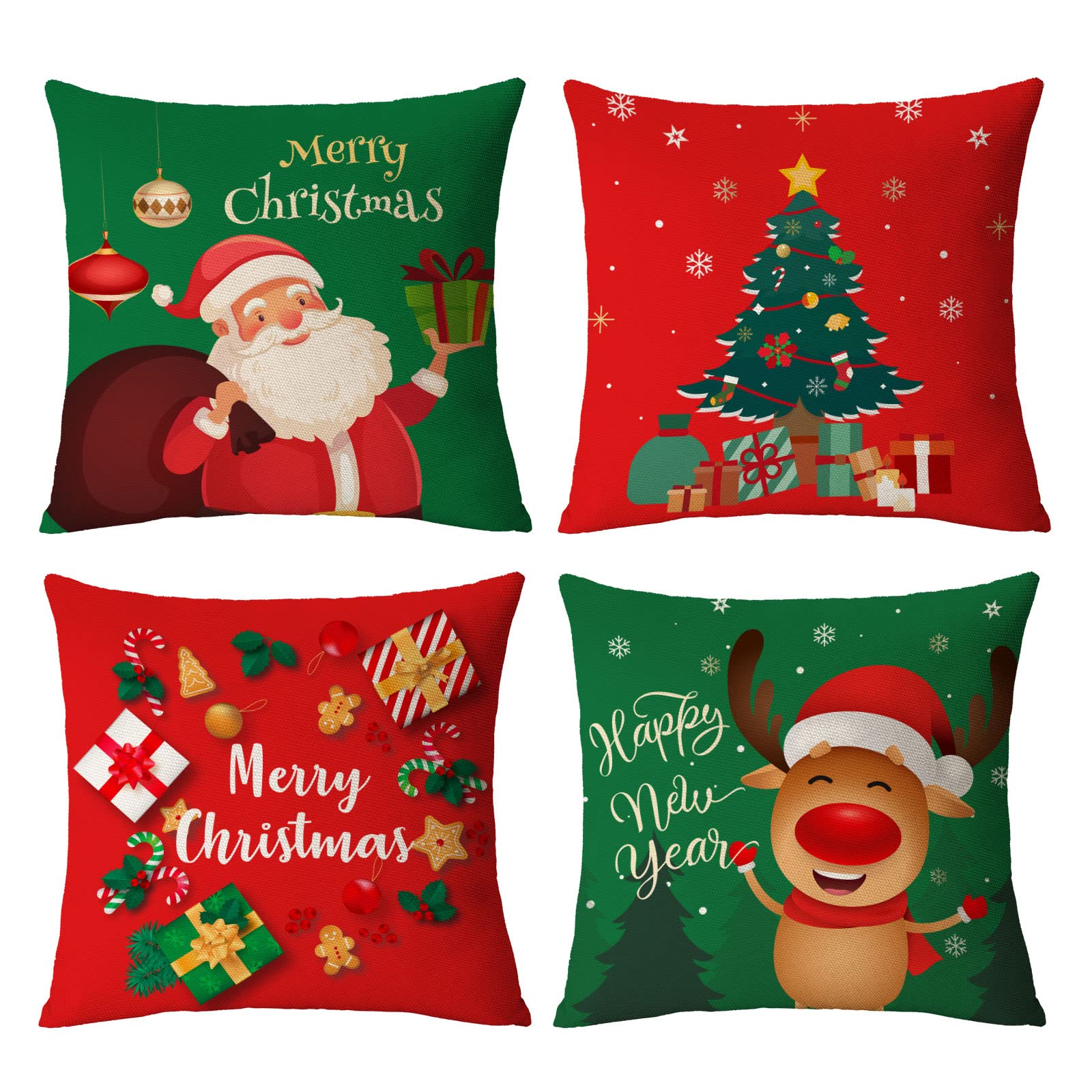 Festive Christmas Pillow Covers Set of 4 - 20x20 Inch Red & Green Holiday Throw Pillowcases with Christmas Tree, Deer & Santa Designs - Cozy Home Decor for Sofa, Couch or Outdoor Christmas Decorations (Perfect for Living Room, Bedroom & Seasonal Holiday Parties)