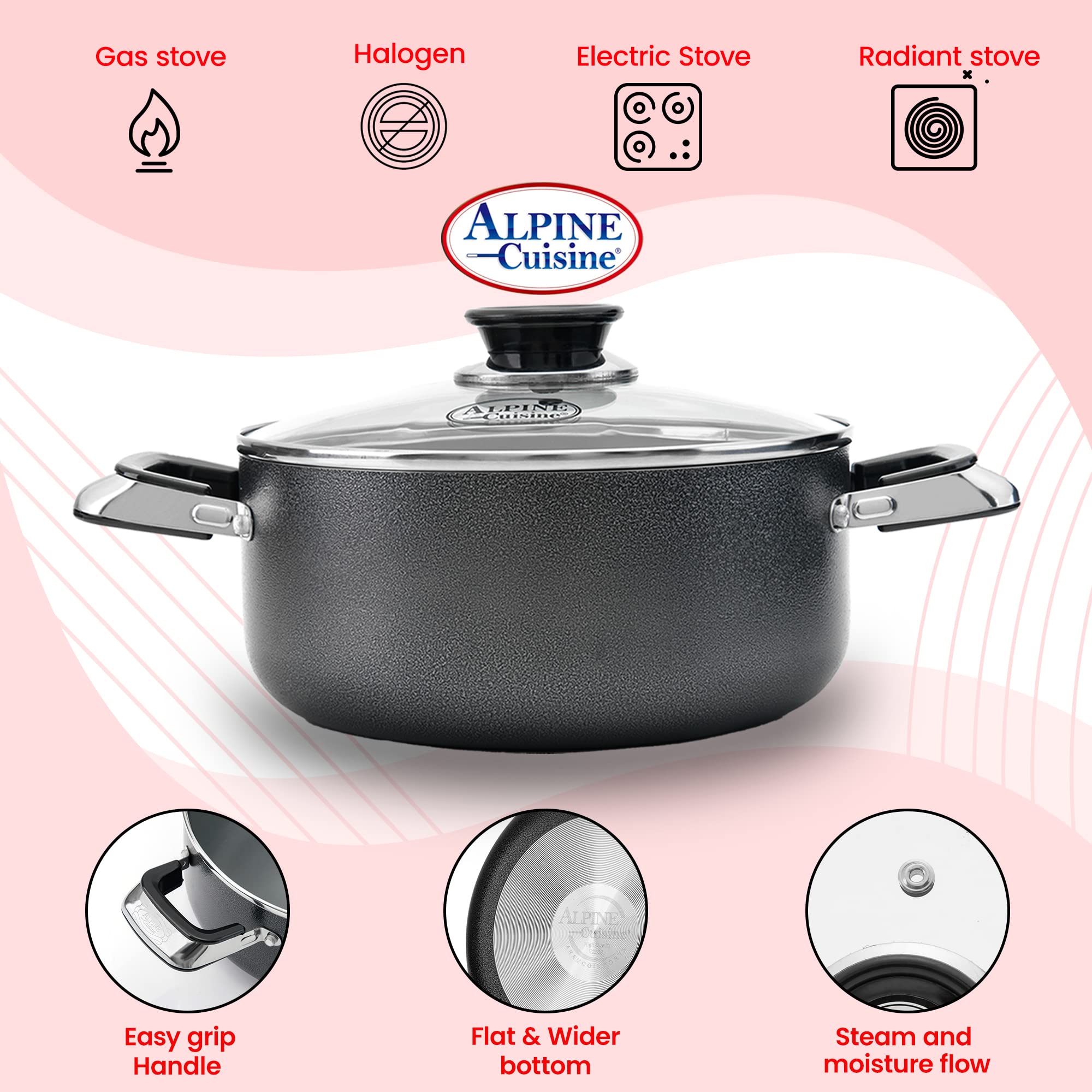 Alpine Cuisine 8.5 Quart Non-Stick Aluminum Dutch Oven with Tempered Glass Lid - Multi-Purpose Cookware for Braising, Boiling, Stewing, Soups & Pasta - Perfect for Home Cooking, Camping & Large Family Meals