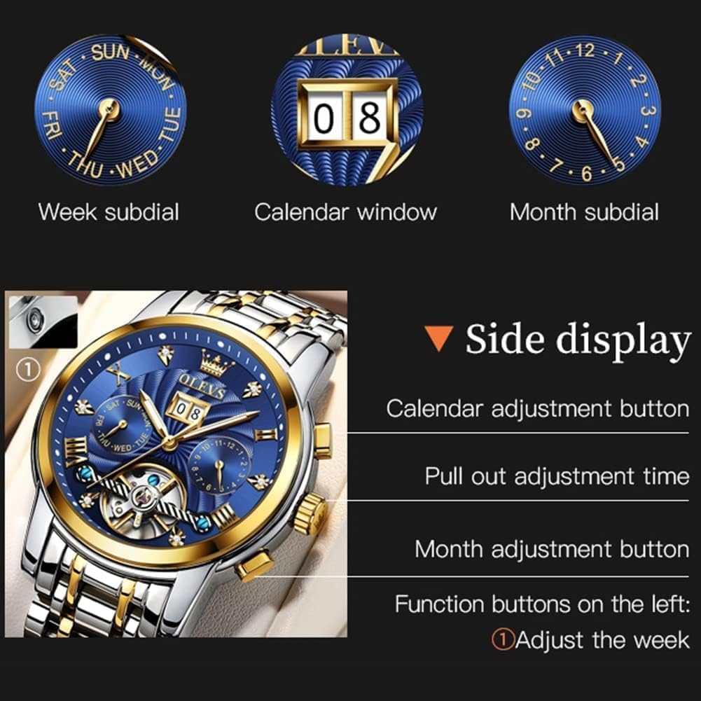 OLEVS Men's Automatic Self-Winding Tourbillon Watch - Luxury Stainless Steel Dress Watch with Luminous Hands & Waterproof Design - Perfect for Business, Formal Events & Everyday Wear
