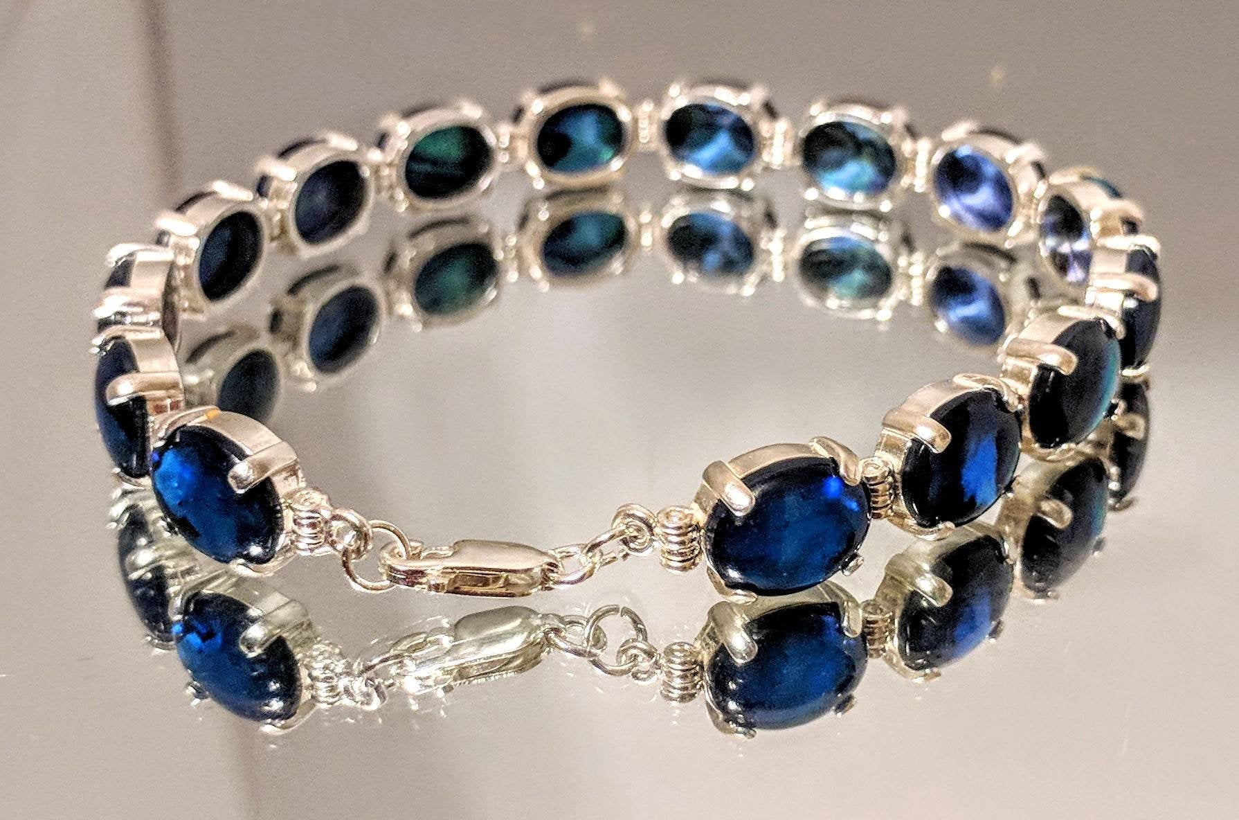 Handmade Solid Sterling Silver Natural Blue & Purple Paua Shell Bracelet - 7 Inch Adjustable Abalone Jewelry, 10x8mm Oval, Customizable Fine Jewelry for Women | Perfect for Beach Weddings, Boho Fashion & Gift Giving