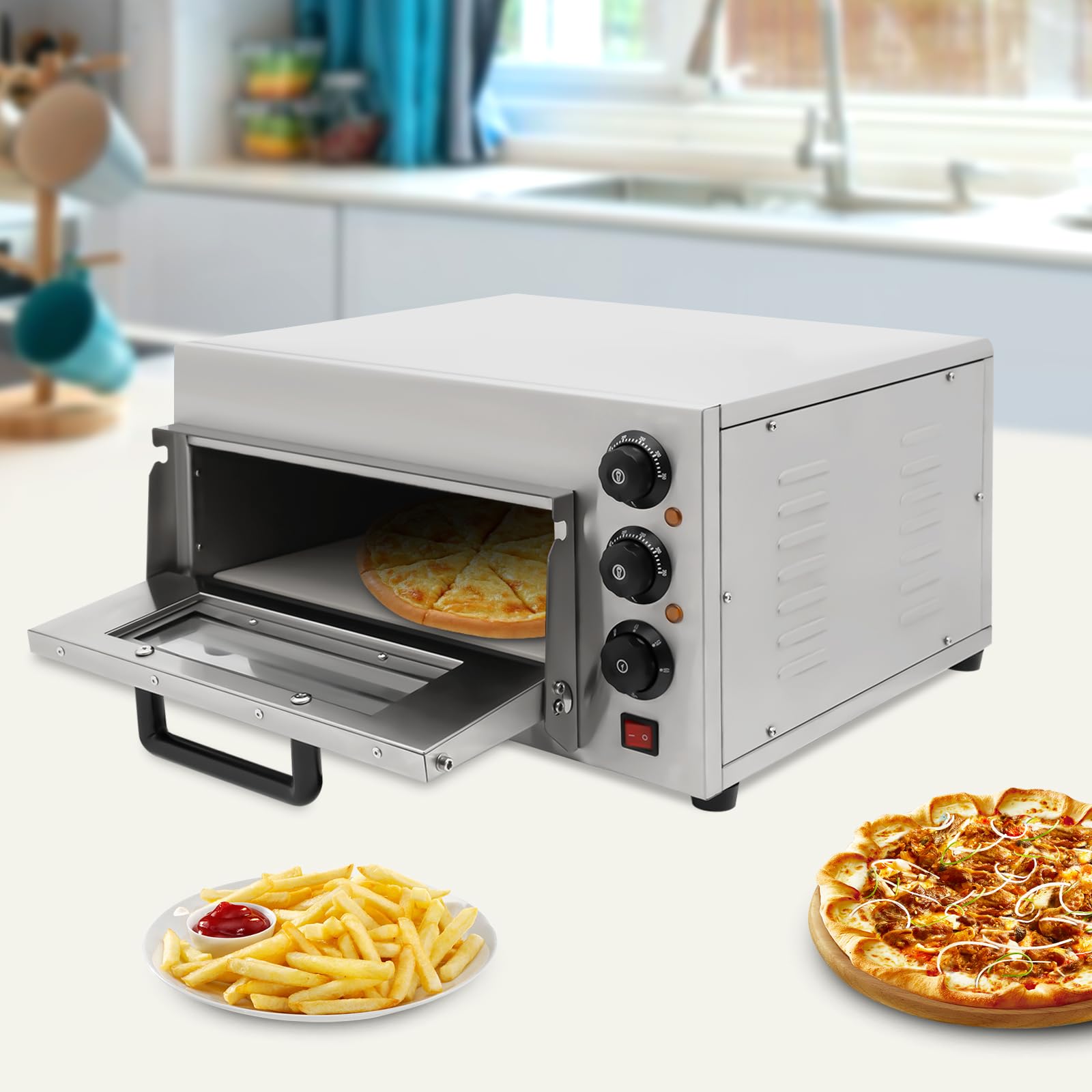 1300W Electric Countertop Pizza Oven - Stainless Steel Commercial Single Deck Pizza Cooker for Home & Restaurant - Perfect for Baking Pizza, Chicken, Bread - Adjustable Temperature Control - Ideal for Small Kitchens, Food Trucks & Outdoor Cooking