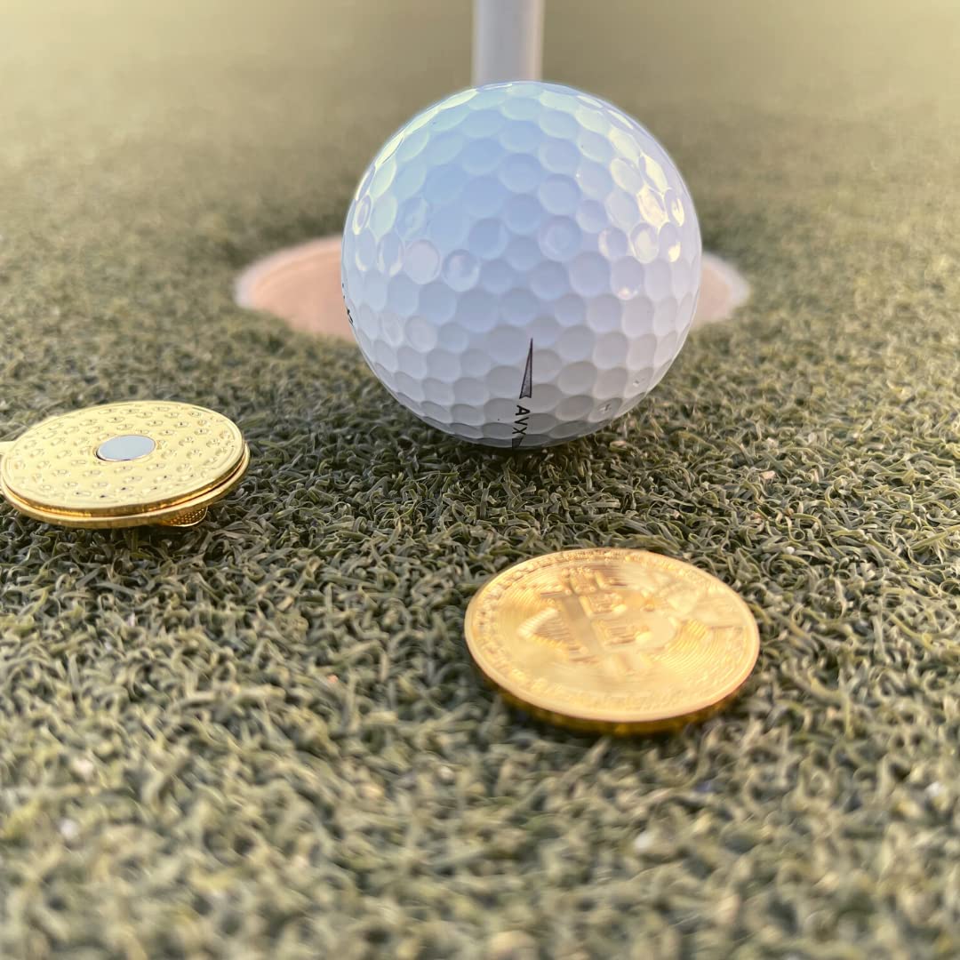 Premium Custom Gold Bitcoin Golf Ball Markers (2-Pack) with Hat Clips - Perfect Gift for Crypto & Golf Enthusiasts - Easily Attaches to Hats, Caps & Belts - Great for Golf Tournaments, Crypto Events & Collector Displays