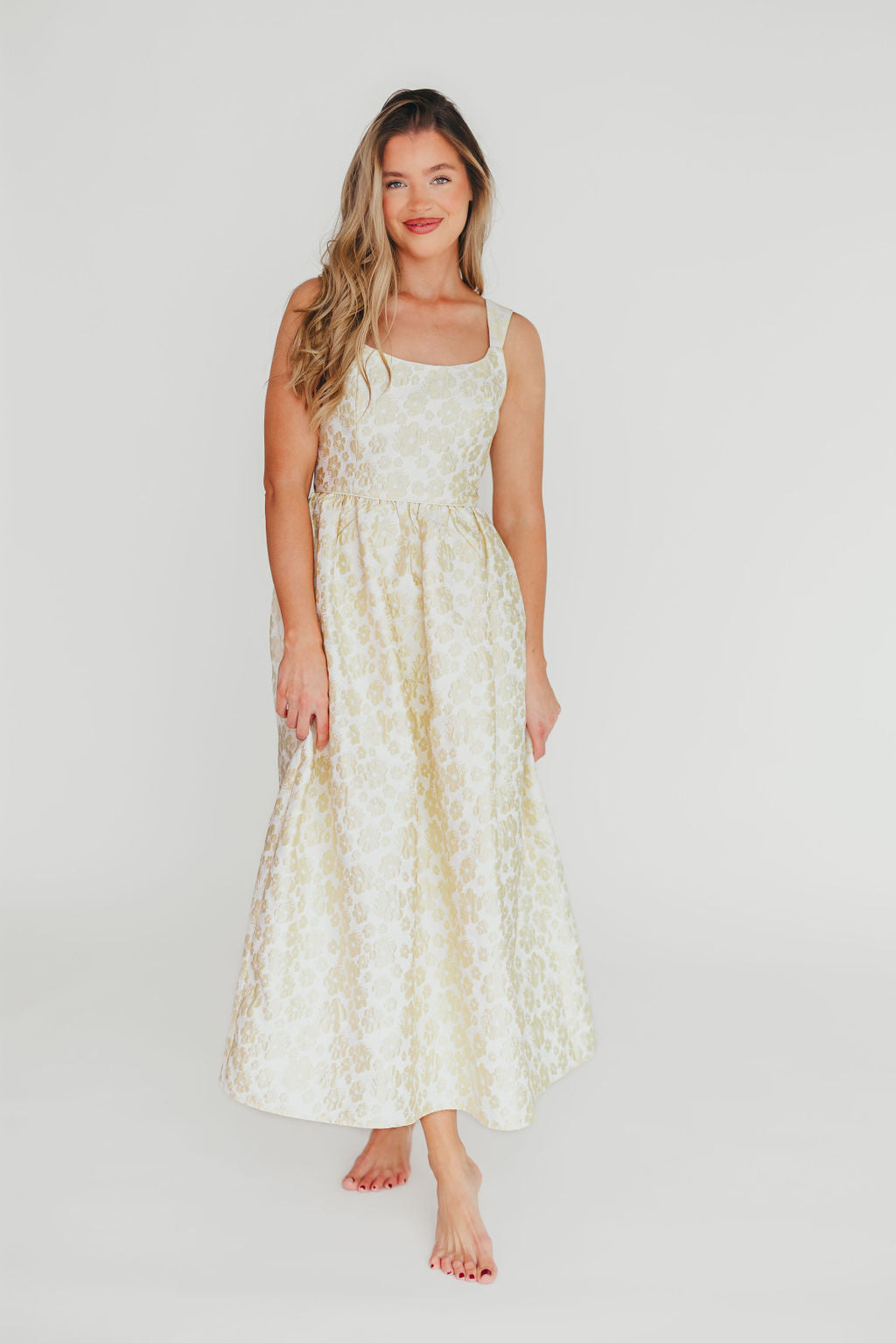 Hayden Floral Jacquard Midi Dress in Butter Yellow - Elegant Spring Summer Cocktail Party Dress for Women, Perfect for Weddings, Garden Parties & Date Nights