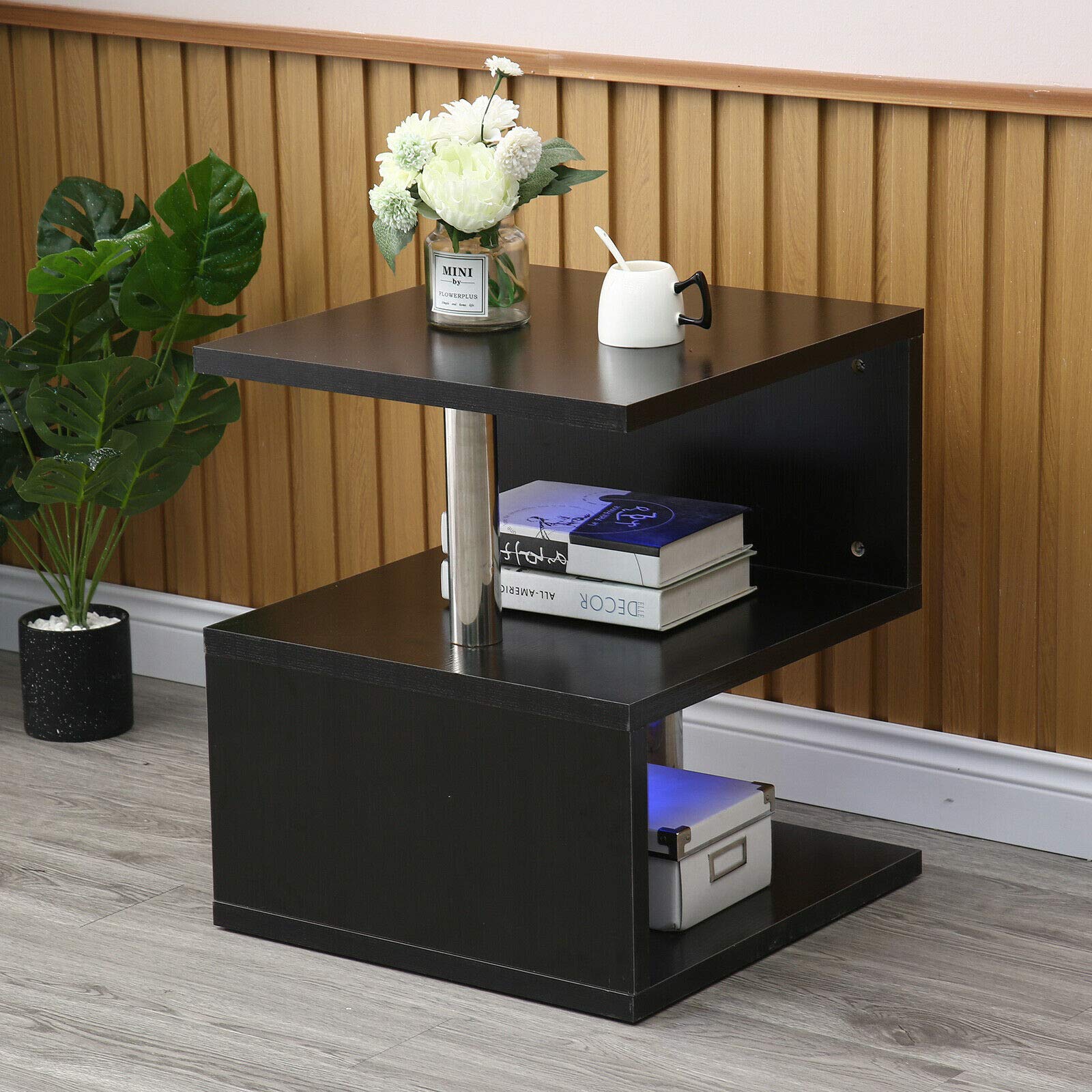 Modern S-Shaped End Table with LED Lighting - Black High Gloss Snack Side Table & Night Stand with Storage Shelf for Living Room, Bedroom - Perfect for Small Spaces, Apartment Decor & Reading Nook (1-Pack)