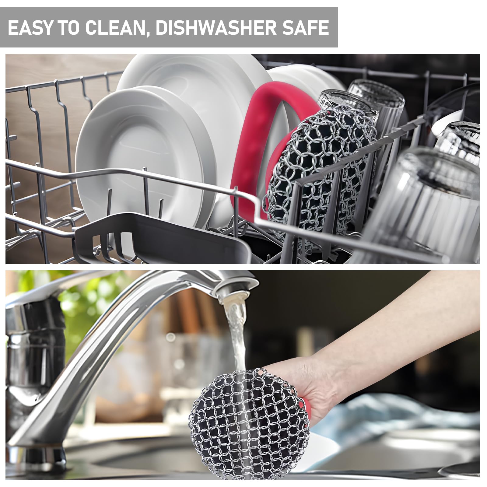 316L Stainless Steel Chainmail Scrubber with Ergonomic Handle - Heavy Duty Cast Iron Pan Cleaner for Skillets, Griddles & Dutch Ovens - Perfect for Removing Stubborn Food Residue & Seasoning Cast Iron Cookware