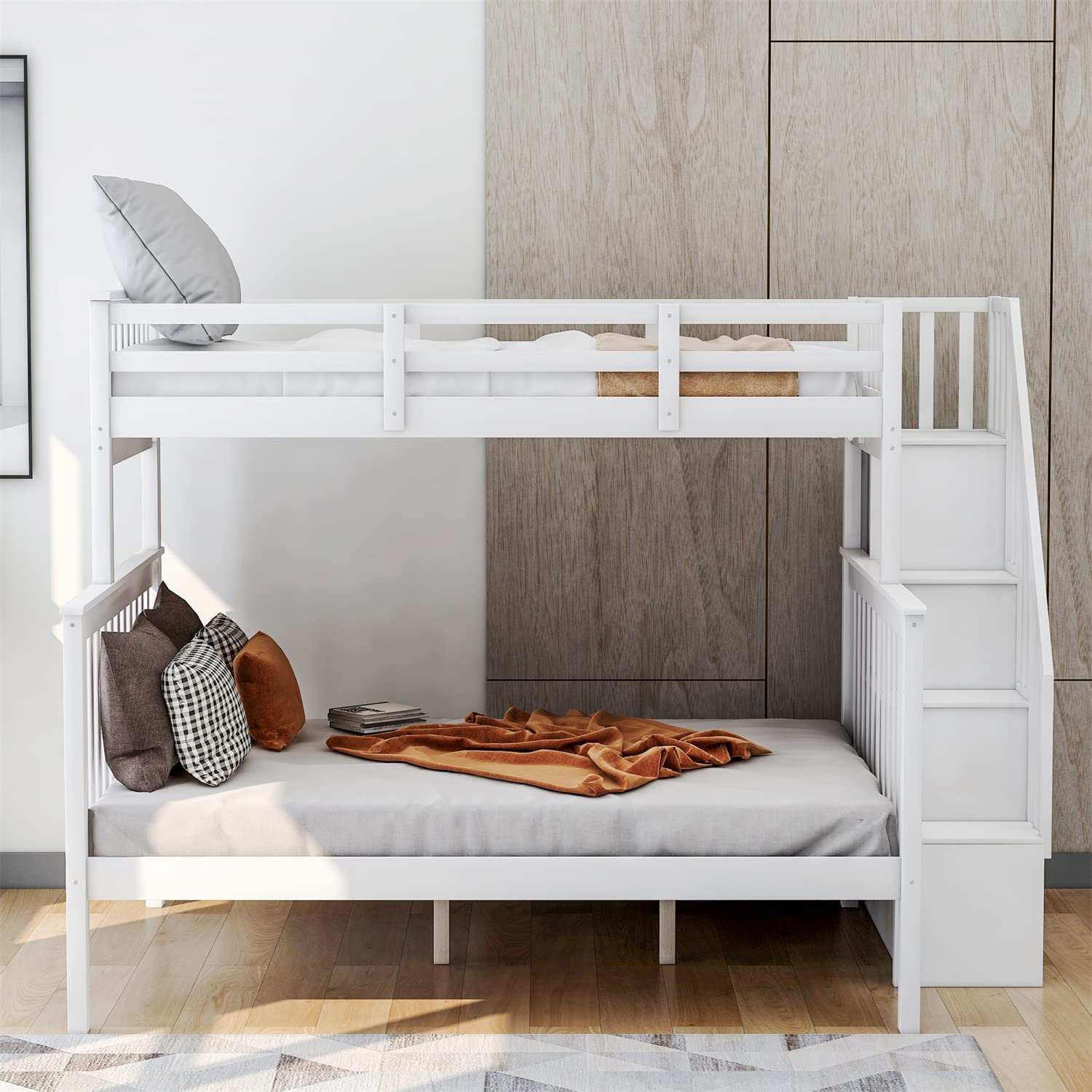 Upgraded Solid Wood Twin Over Full Bunk Bed with Storage Stairs & 4 Shelves | Convertible to 2 Separate Beds | Safety Guard Rail | No Box Spring Needed | Perfect for Kids & Teens Bedrooms, Guest Rooms & Small Spaces (White)