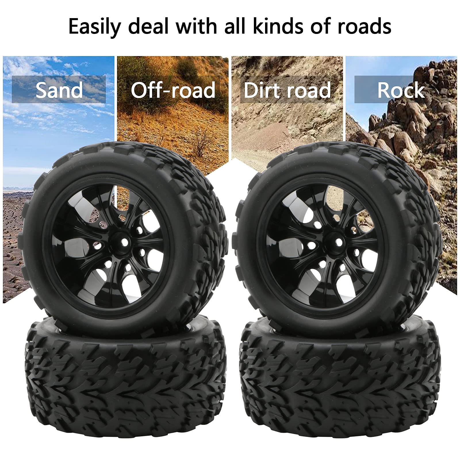 4X 1:10 Scale RC Monster Truck Wheels - Heavy Duty Rubber Tires with 7 Spoke Alloy Rims (Black) - Replacement Parts for Off-Road RC Cars - Perfect for Racing, Crawling & Bashing on Rough Terrain