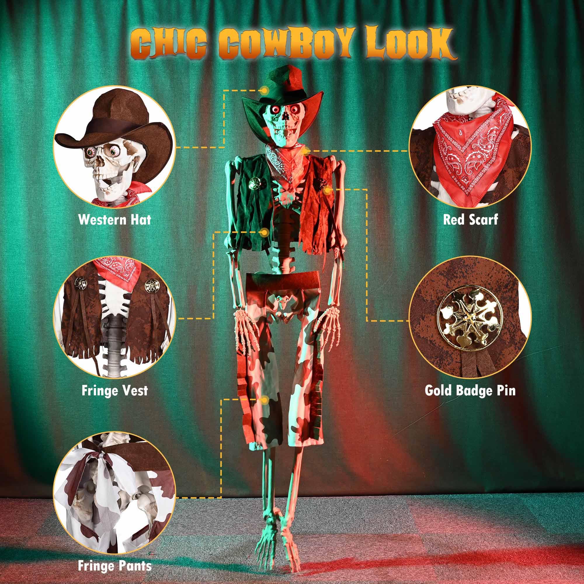 Life-Size Poseable Skeleton - 5.4ft Western Cowboy Halloween Decoration with Glowing Eyes | Haunted House Props, Party Decor, Photo Booth Backdrop (2024 Edition) - Perfect for Halloween Parties, Haunted Attractions, and Spooky Home Decor
