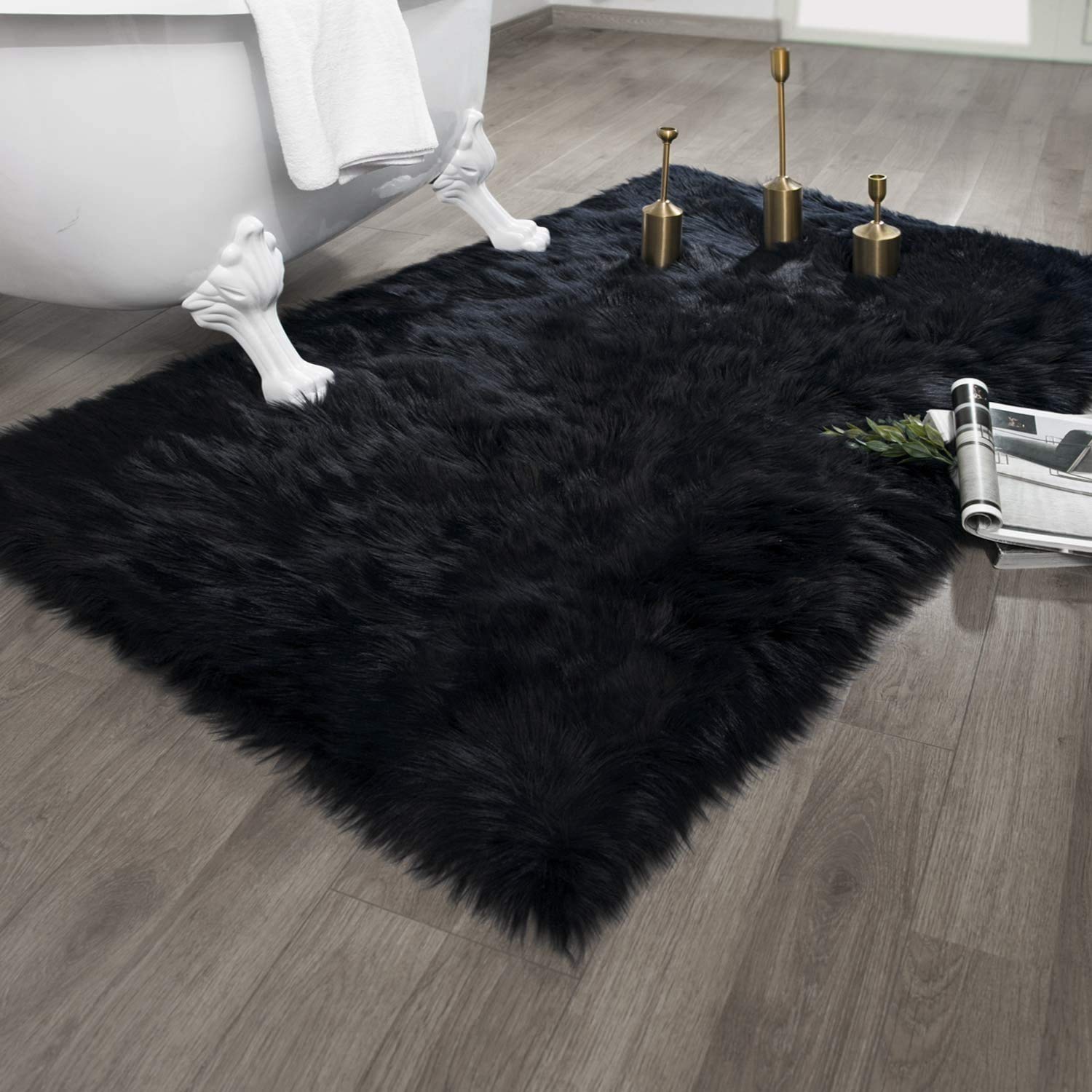 Luxury Soft Black Faux Fur Area Rug 3x5 Feet - Plush Shag Carpet for Bedroom & Living Room - Cozy Home Decor for Winter, Perfect for Floor Seating and Nursery