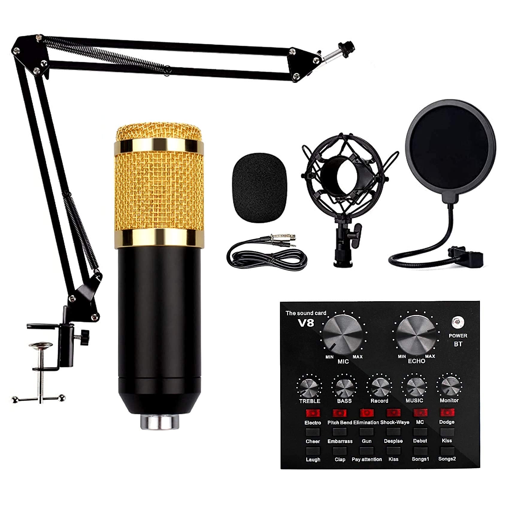 Professional Metal Microphone with Adjustable Stand & 12 Sound Effects - Multifunctional Live Sound Card for Streaming, Podcasting, Karaoke & Gaming - Perfect for Twitch, YouTube & TikTok Broadcasts