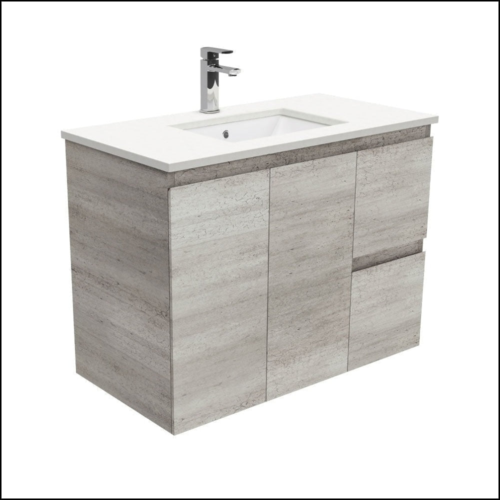 Fienza 900mm SC90XR Crystal Pure Undermount Stone Top Bathroom Vanity - Modern Wall Hung Vanity Unit with Right Drawers - Perfect for Small Bathrooms & Industrial Style Homes