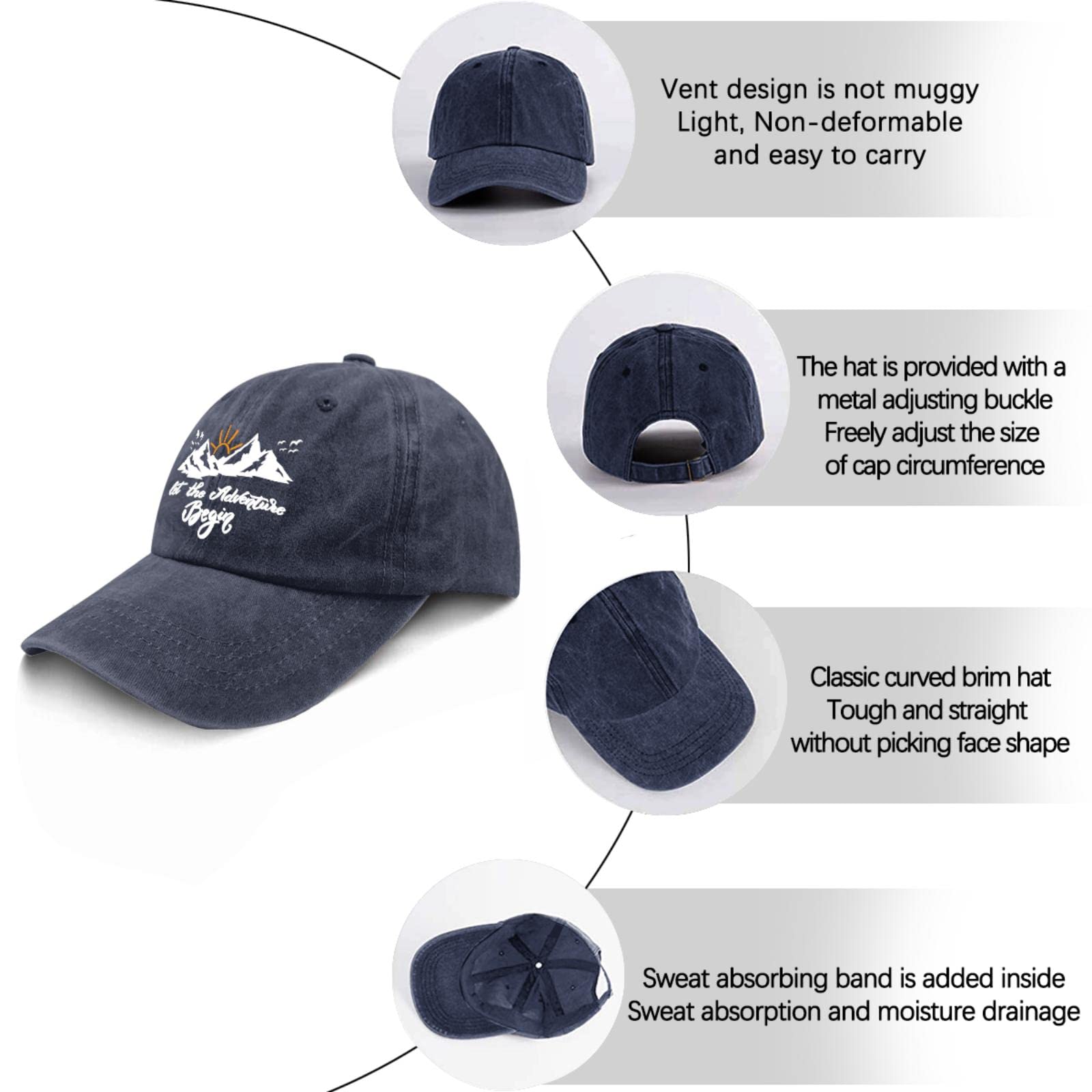 Funny Hiking Baseball Cap for Men - Let The Adventure Begin - Navy Blue Outdoor Hat for Camping, Travel & Adventure Sports