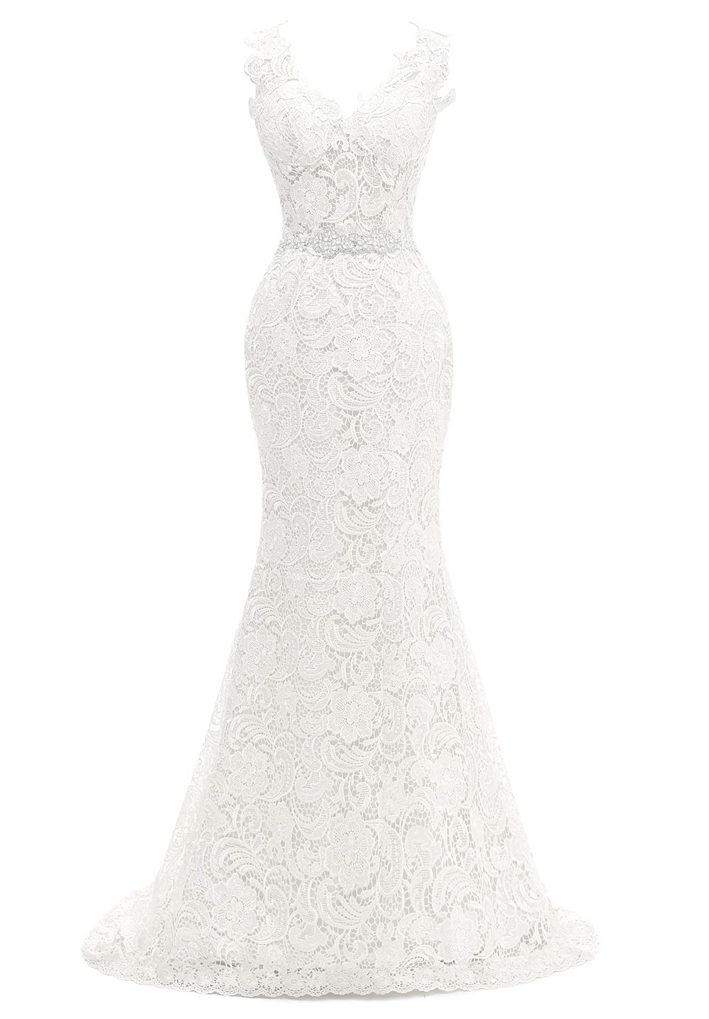 Elegant Mermaid Wedding Dress for Bride - Lace V-Neck Bridal Gown with Detachable Sash | Perfect for Beach, Church, and Formal Wedding Ceremonies